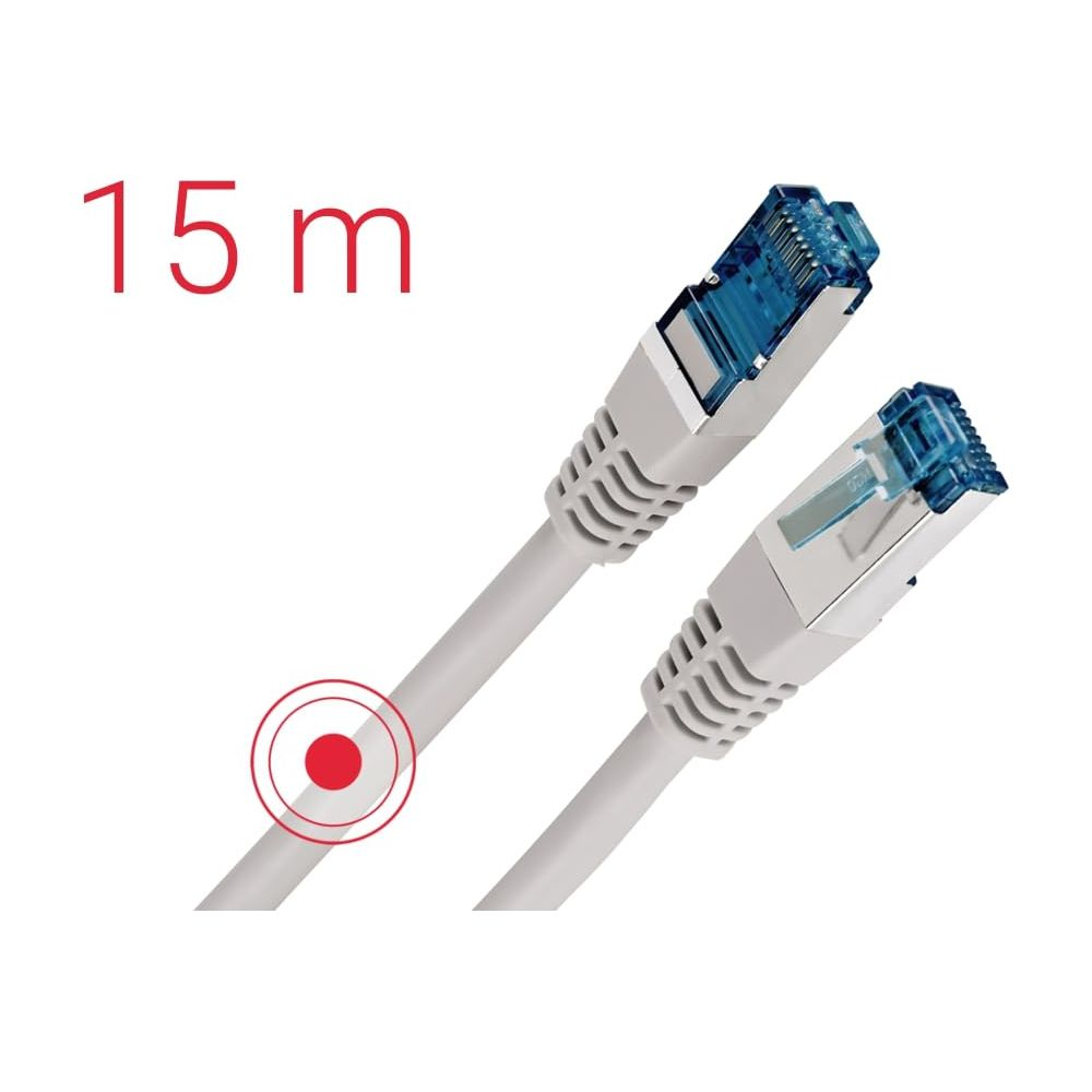 Un cavo di rete grigio da 15m con connettori RJ45 blu.