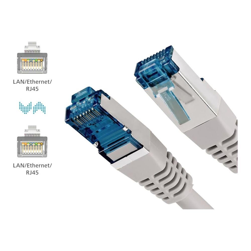 Due connettori per cavo di rete RJ45 argentati con cappucci blu su sfondo bianco.