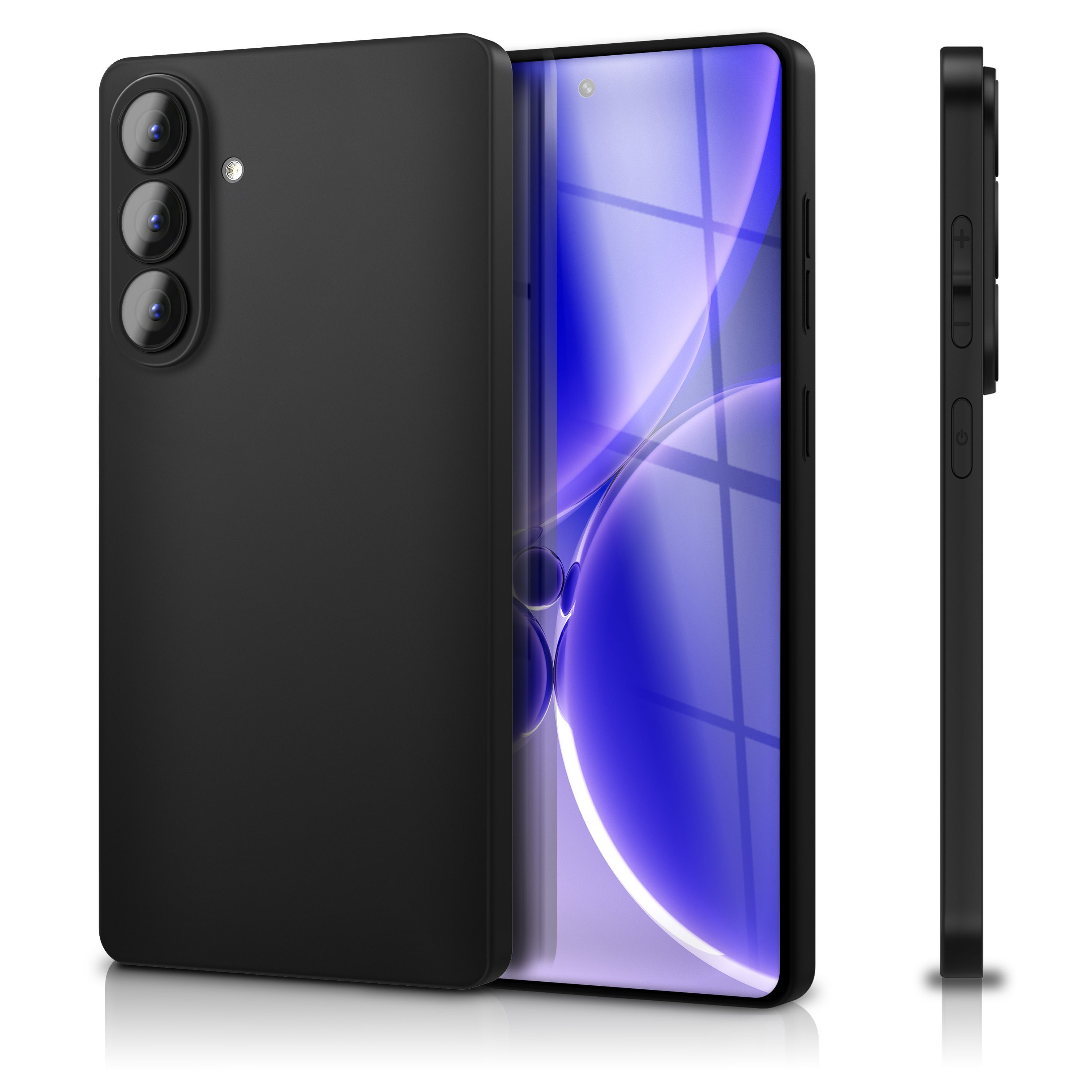 Schwarzes Smartphone mit drei Kameras und leuchtendem Bildschirm, von vorne und Seite.