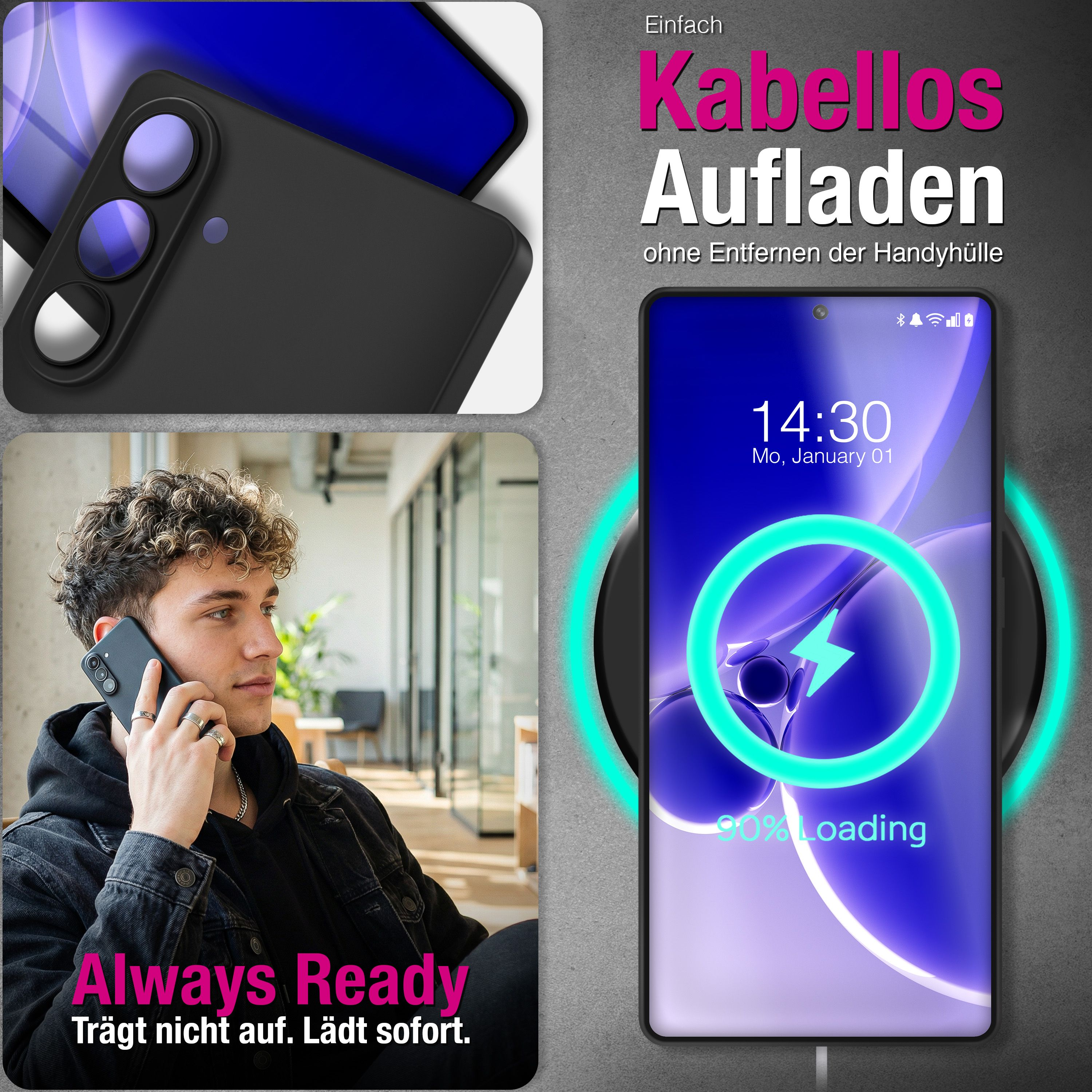 Mann telefoniert mit Handy in schwarzer Hülle, Handy lädt kabellos.