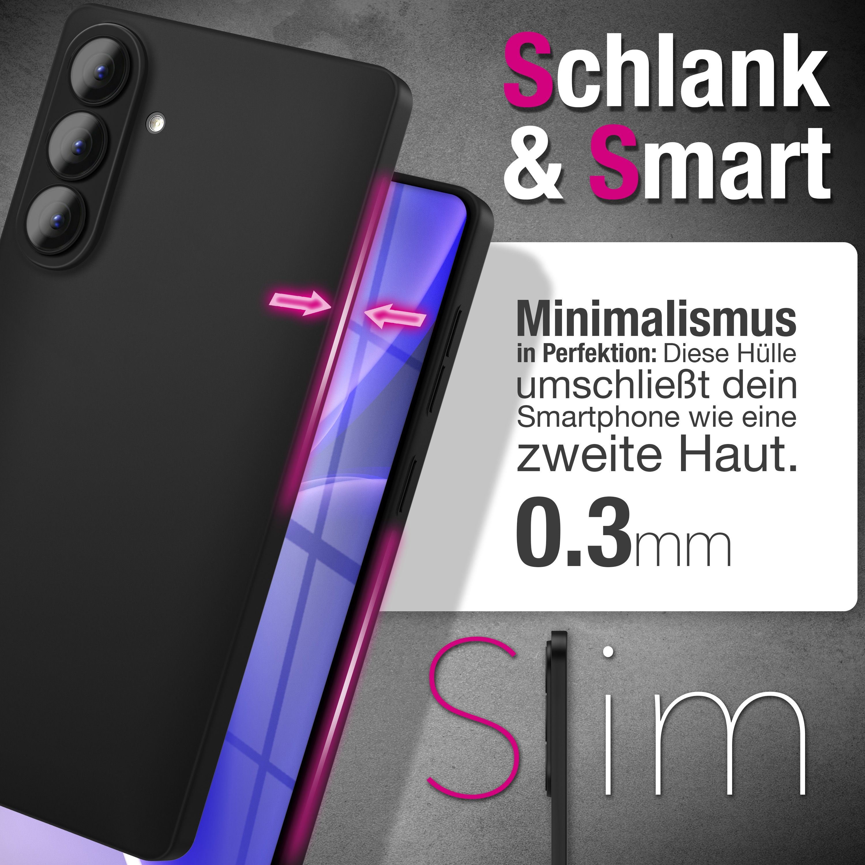 Schlanke schwarze Handyhülle mit rosa Akzenten und Text zur Dicke von 0.3mm.