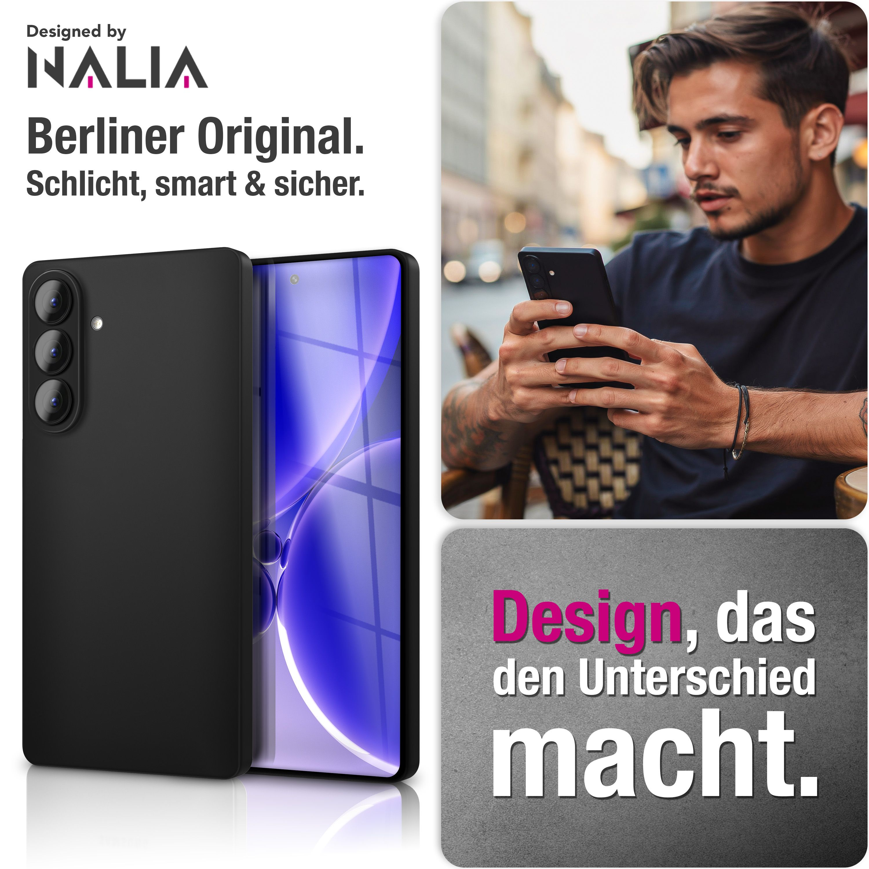 Schwarzes Handy mit drei Kameras, Mann hält Handy, Text: Design, das Unterschied macht.