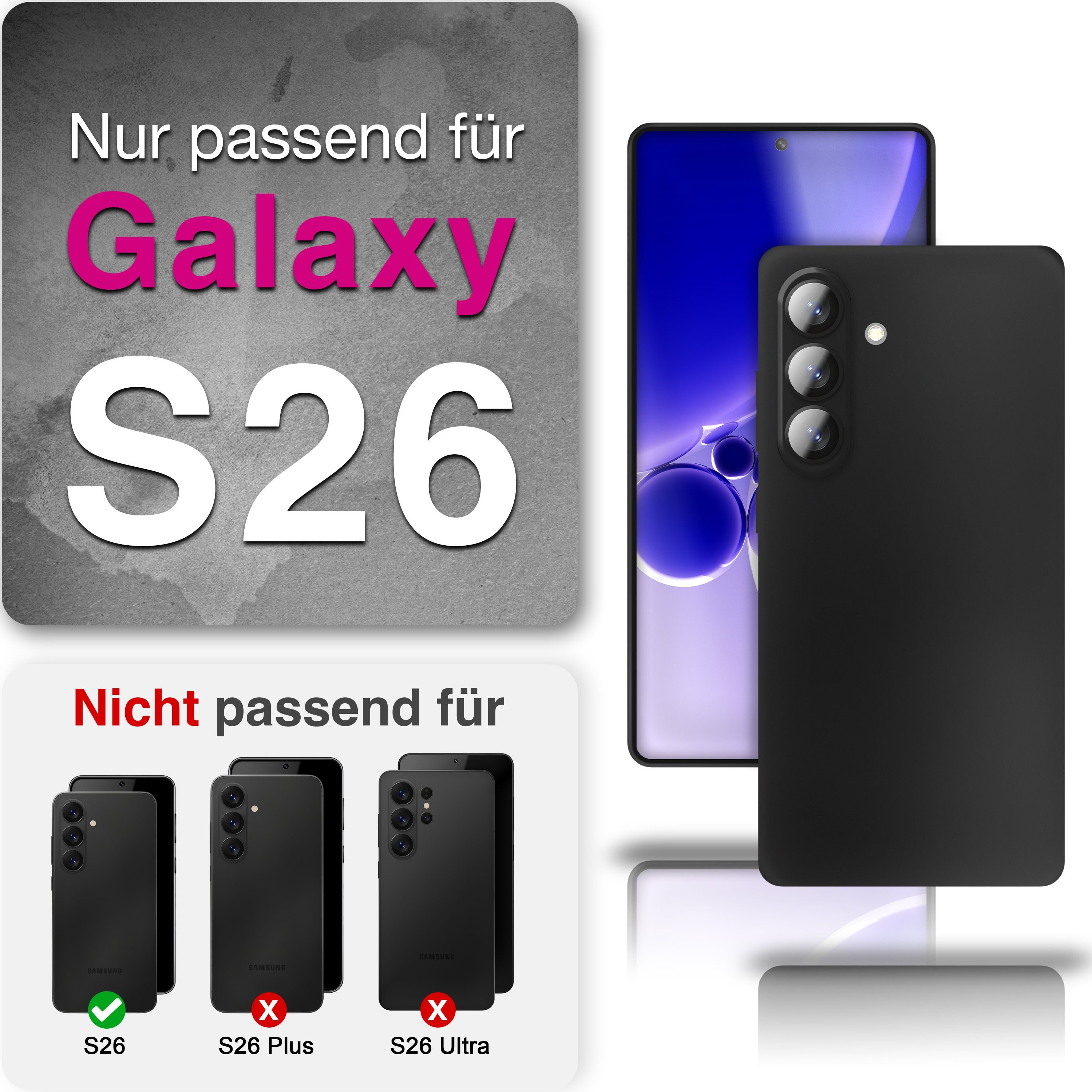 Nur für Galaxy S26. Nicht für S26 Plus/Ultra. Schwarzes Handy mit drei Kameras.