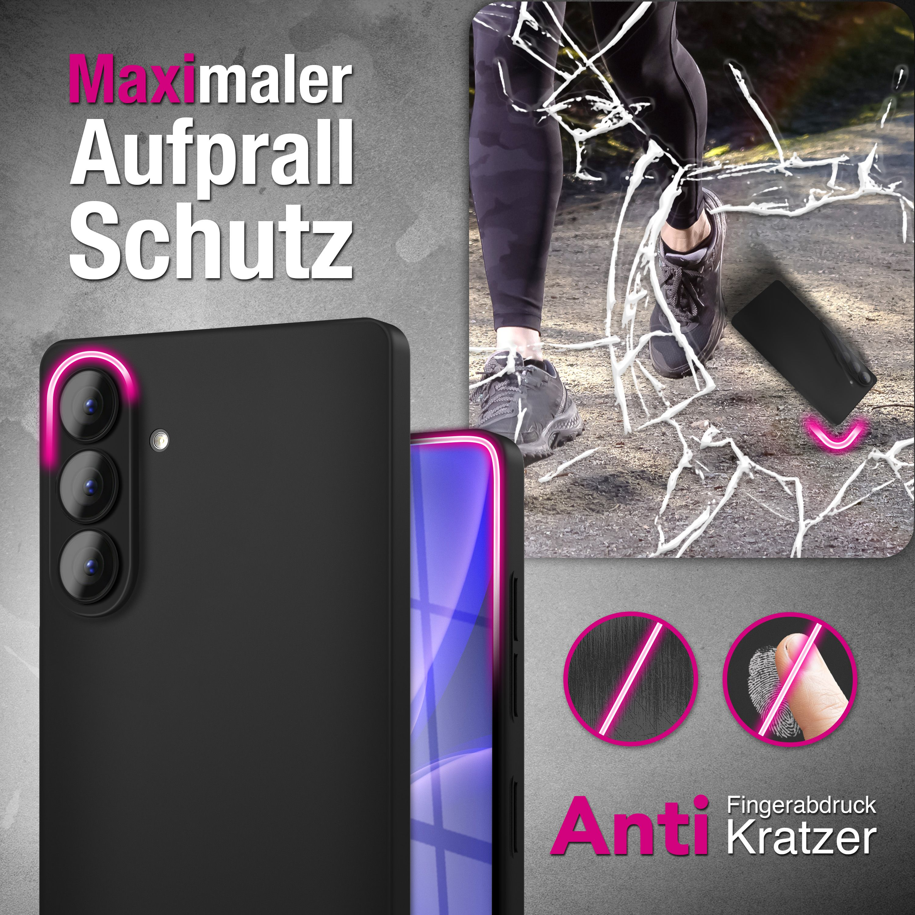 Schwarzes Smartphone mit pinkem Rand, daneben ein Fuß in einem Laufschuh auf Scherben.
