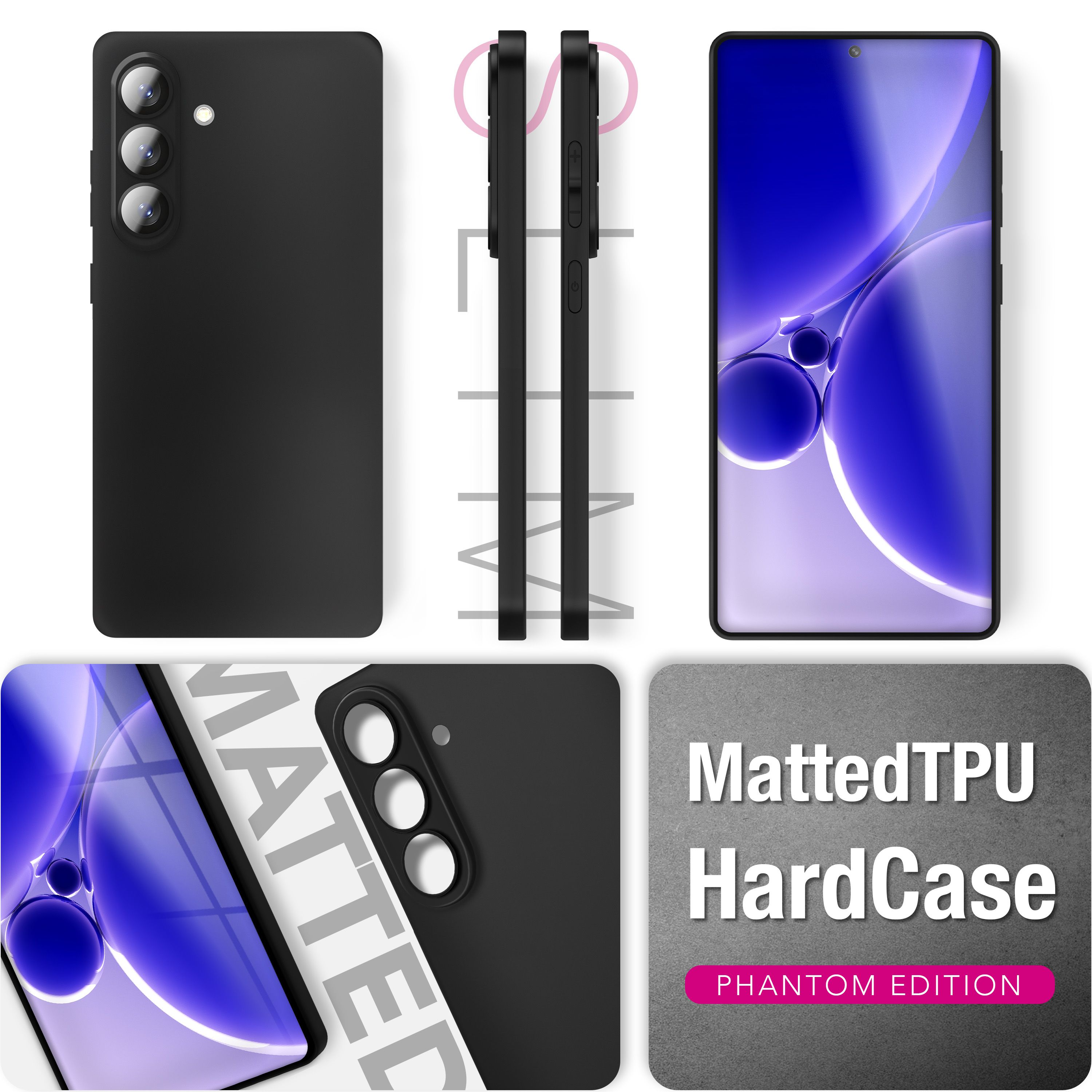 Schwarze Handyhülle mit drei Kameralinsen und einem Blitz. Zeigt das Handy von hinten, Seite und vorne.