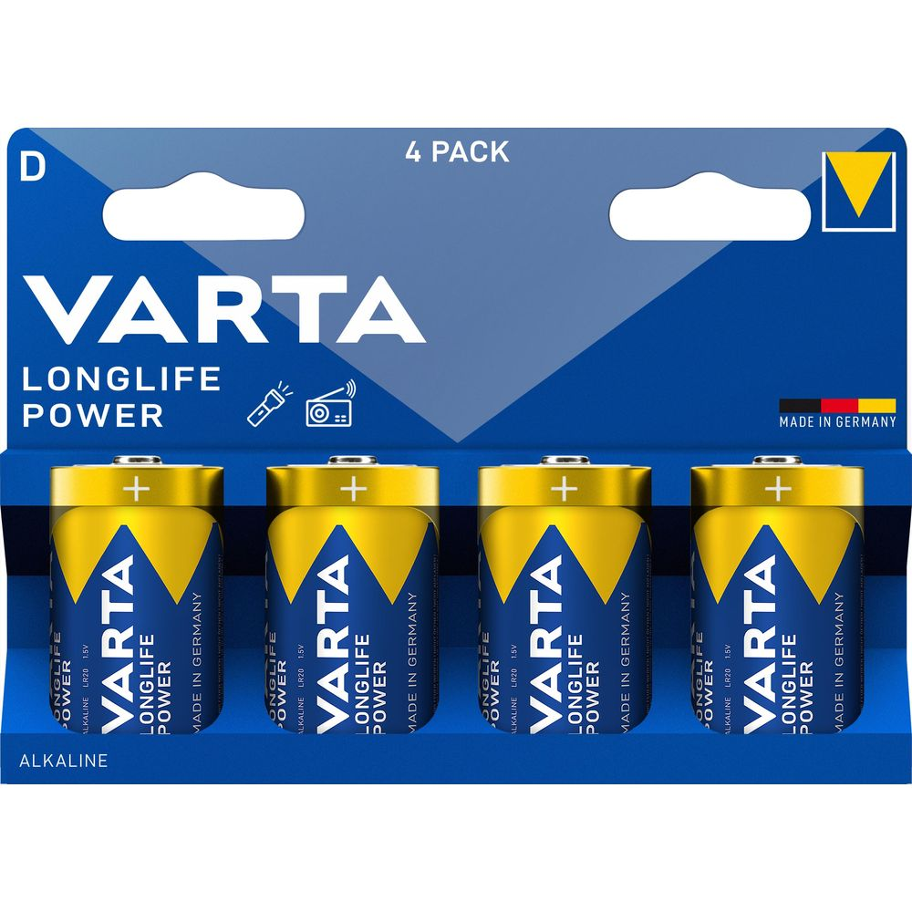 Batterie Varta Longlife Power D, confezione da 4, Alcaline, Made in Germany.