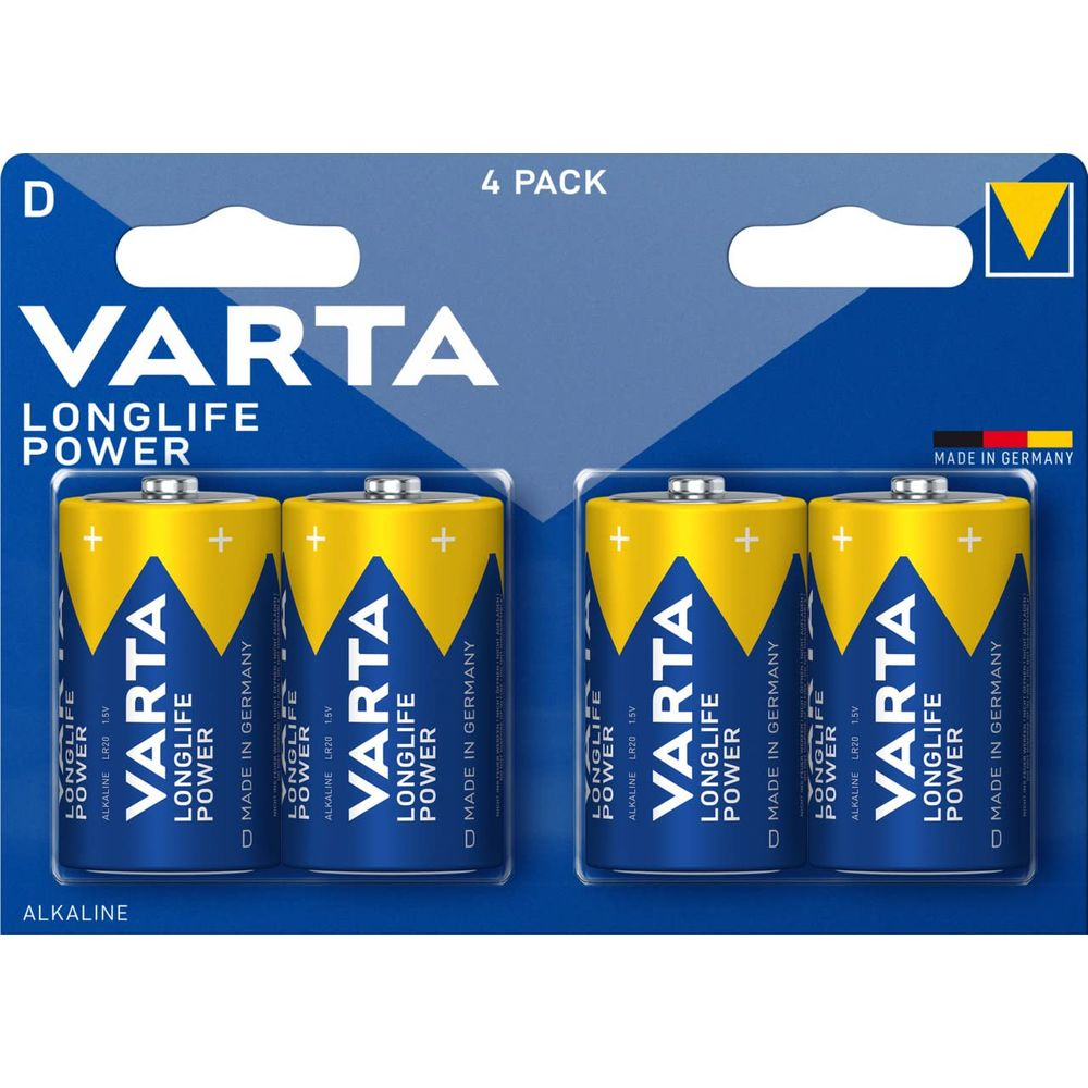 Batterie Varta Longlife Power D, confezione da 4, gialle e blu.