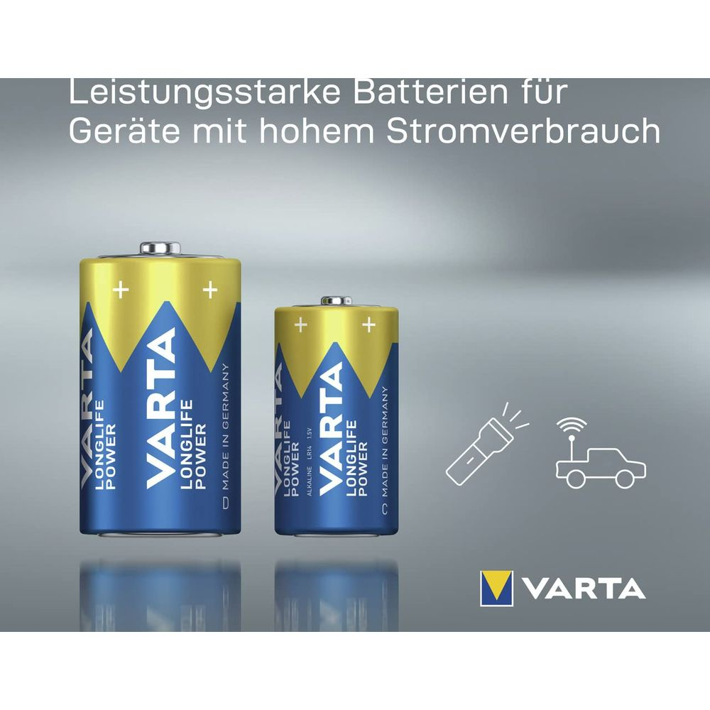 Due batterie Varta, una grande e una piccola, su sfondo grigio con icone.