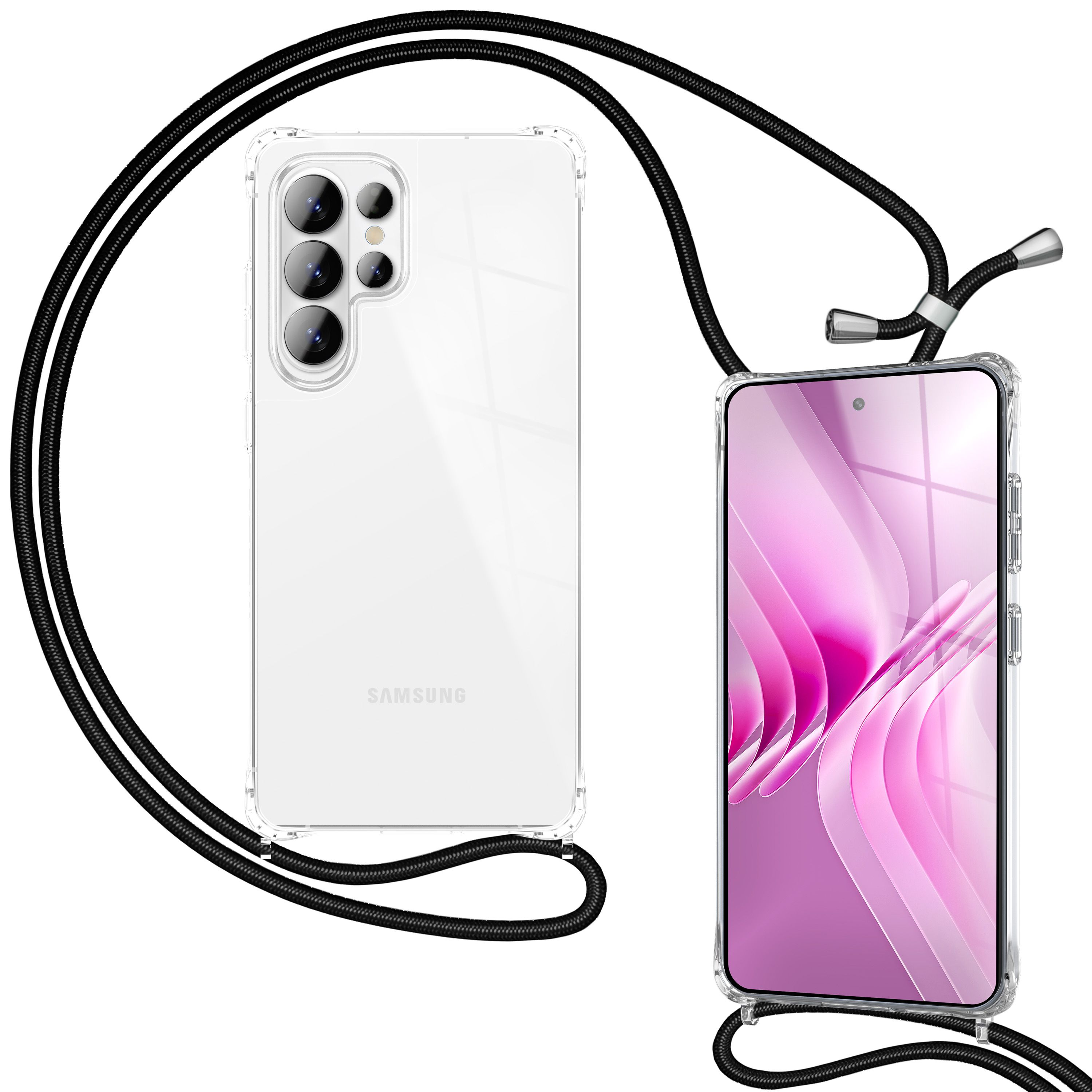 Transparente Hülle mit schwarzem Umhängeband für ein Samsung-Smartphone.