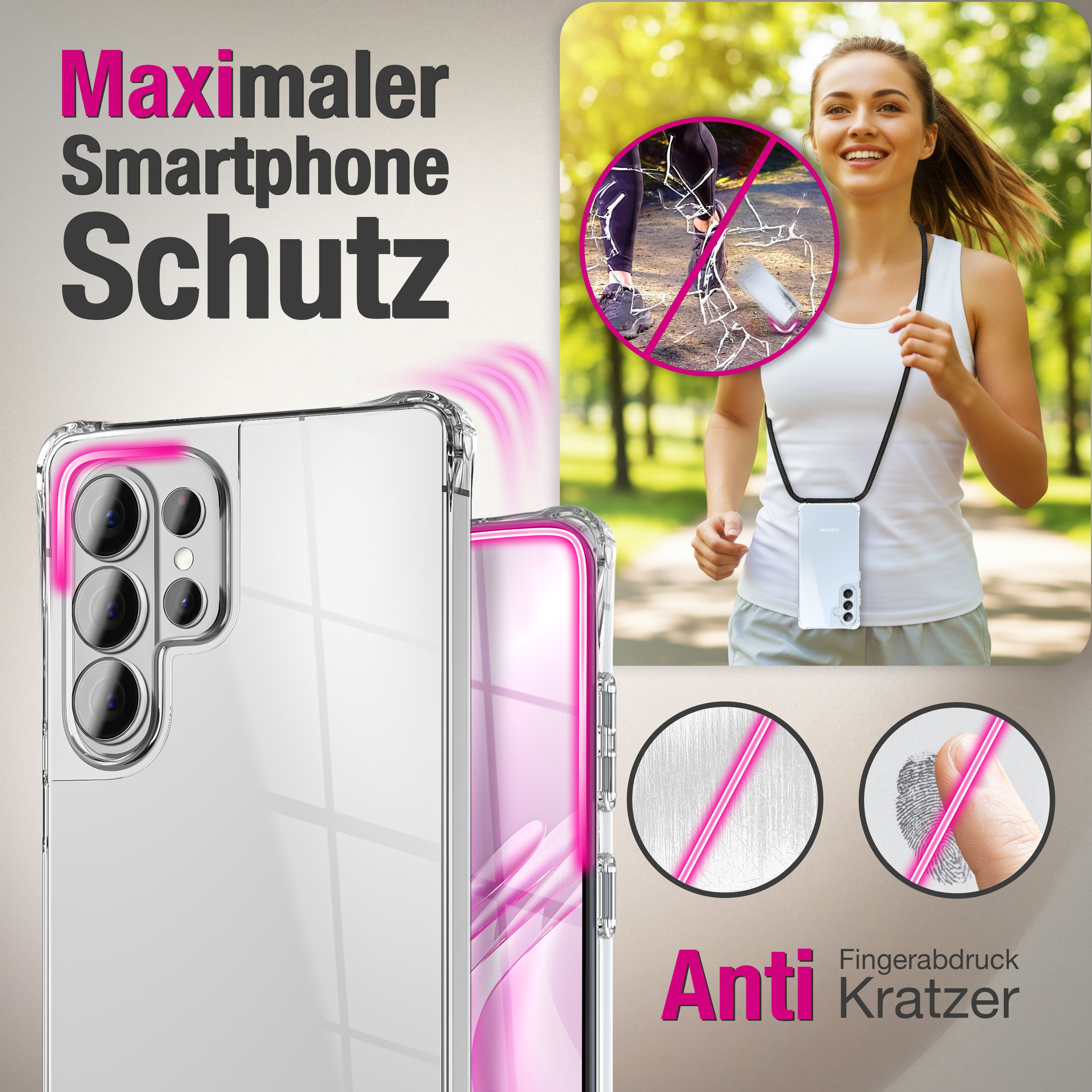 Klarer Handyhülle zeigt Dreifachkamera und pinke Akzente. Frau läuft im Park.
