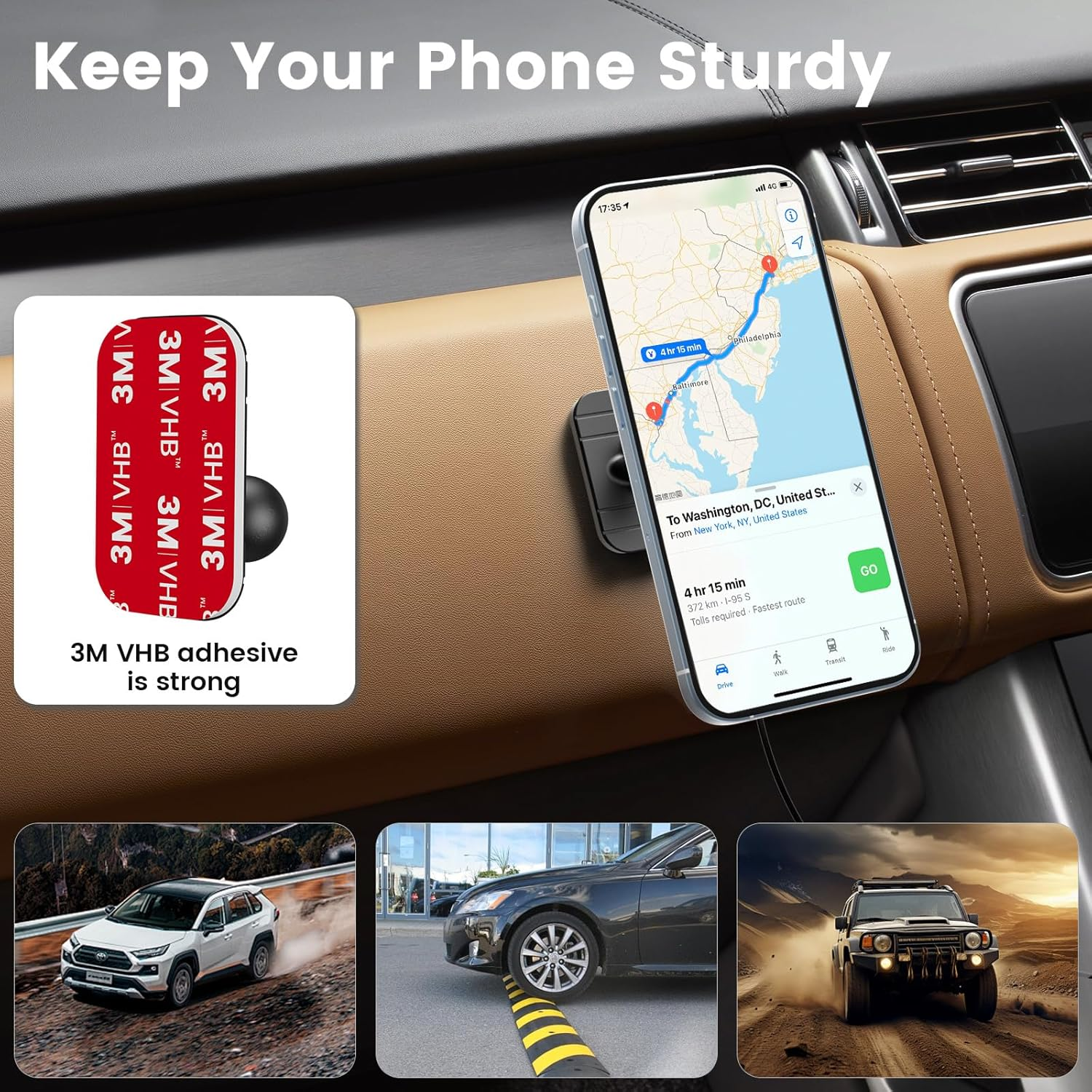 Handyhalterung im Auto mit Navigations-App und Klebeband-Muster.