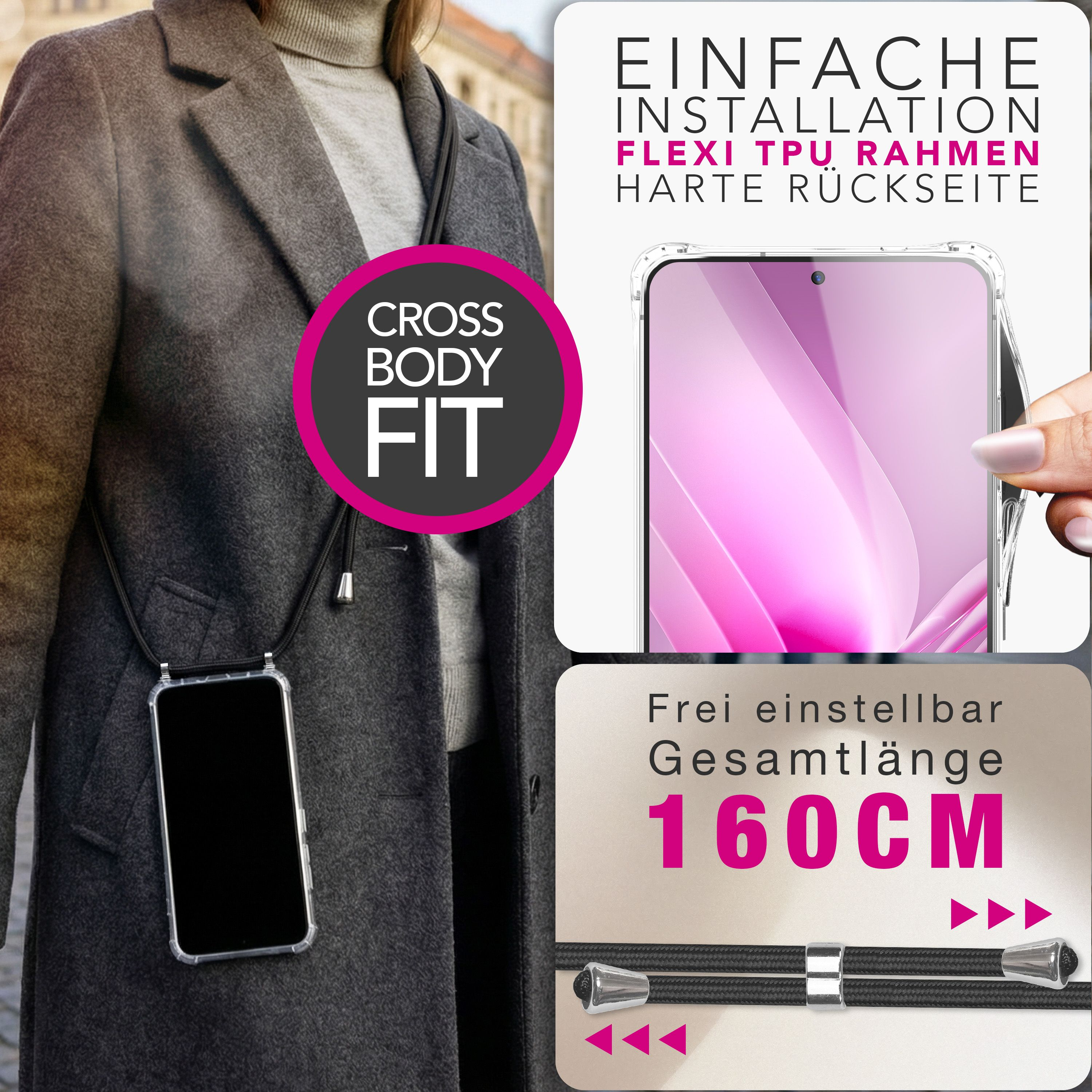 Grauer Mantel mit Handy-Halskette. Klare Hülle zeigt rosa Muster.