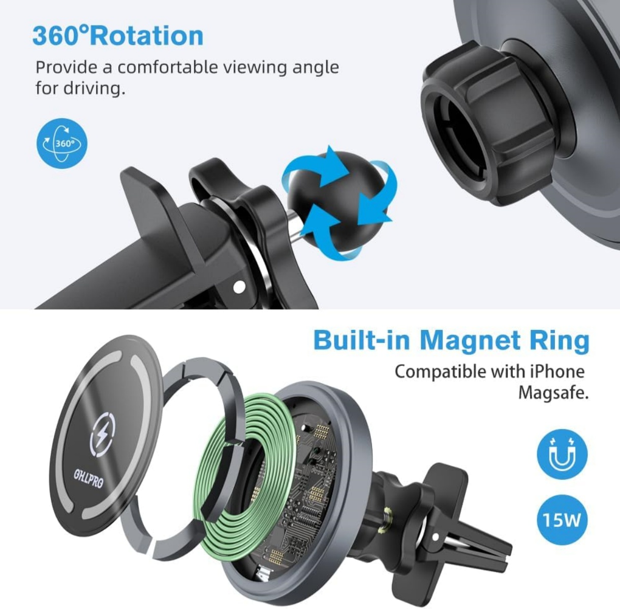 Autohalterung mit 360° Drehung und Magnetring, kompatibel mit MagSafe.