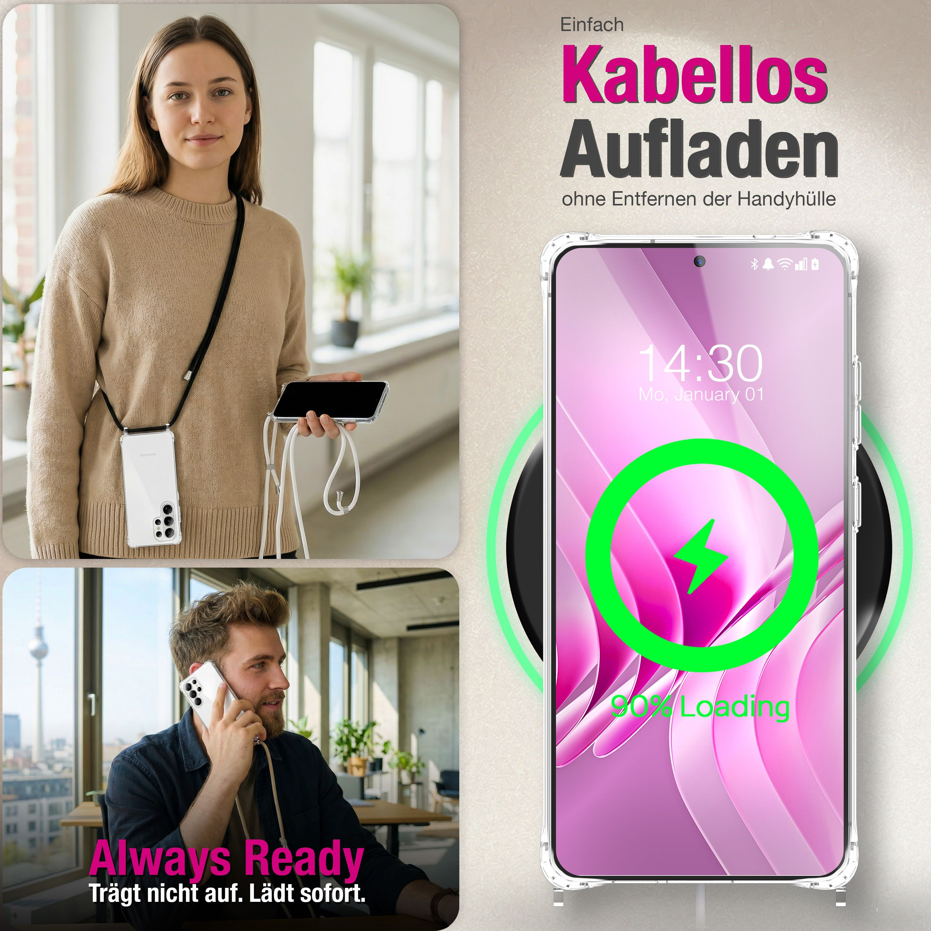 Eine Frau trägt ein Handy mit Lanyard, ein Mann telefoniert, ein Handy lädt kabellos.