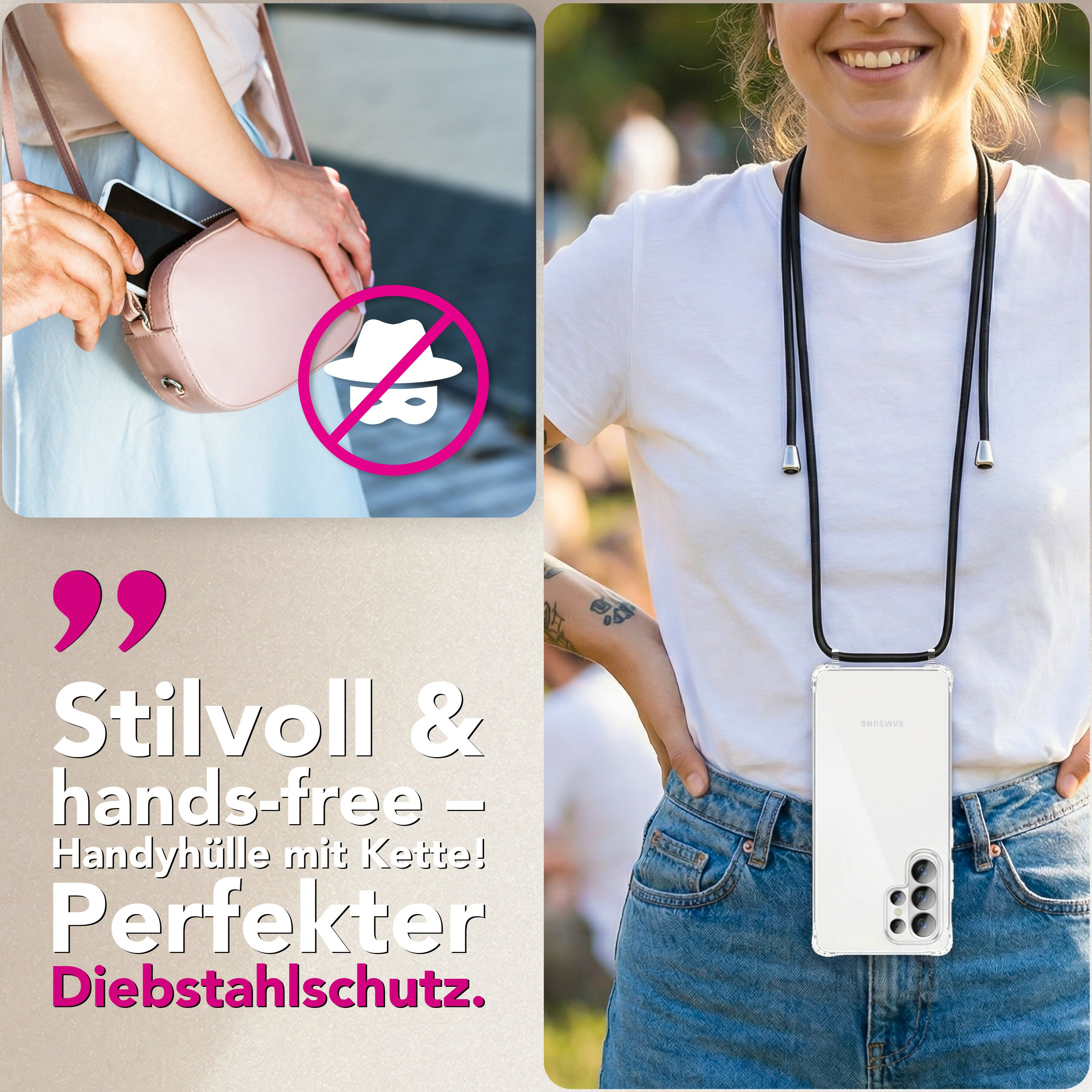 Eine Frau trägt eine weiße Weste mit einer Handyhülle mit Kette.