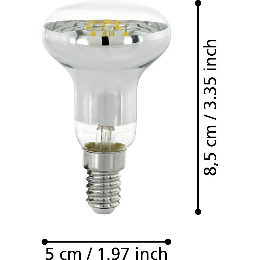 Une ampoule R7S avec réflecteur argenté et culot E14, de 8,5 cm de haut.