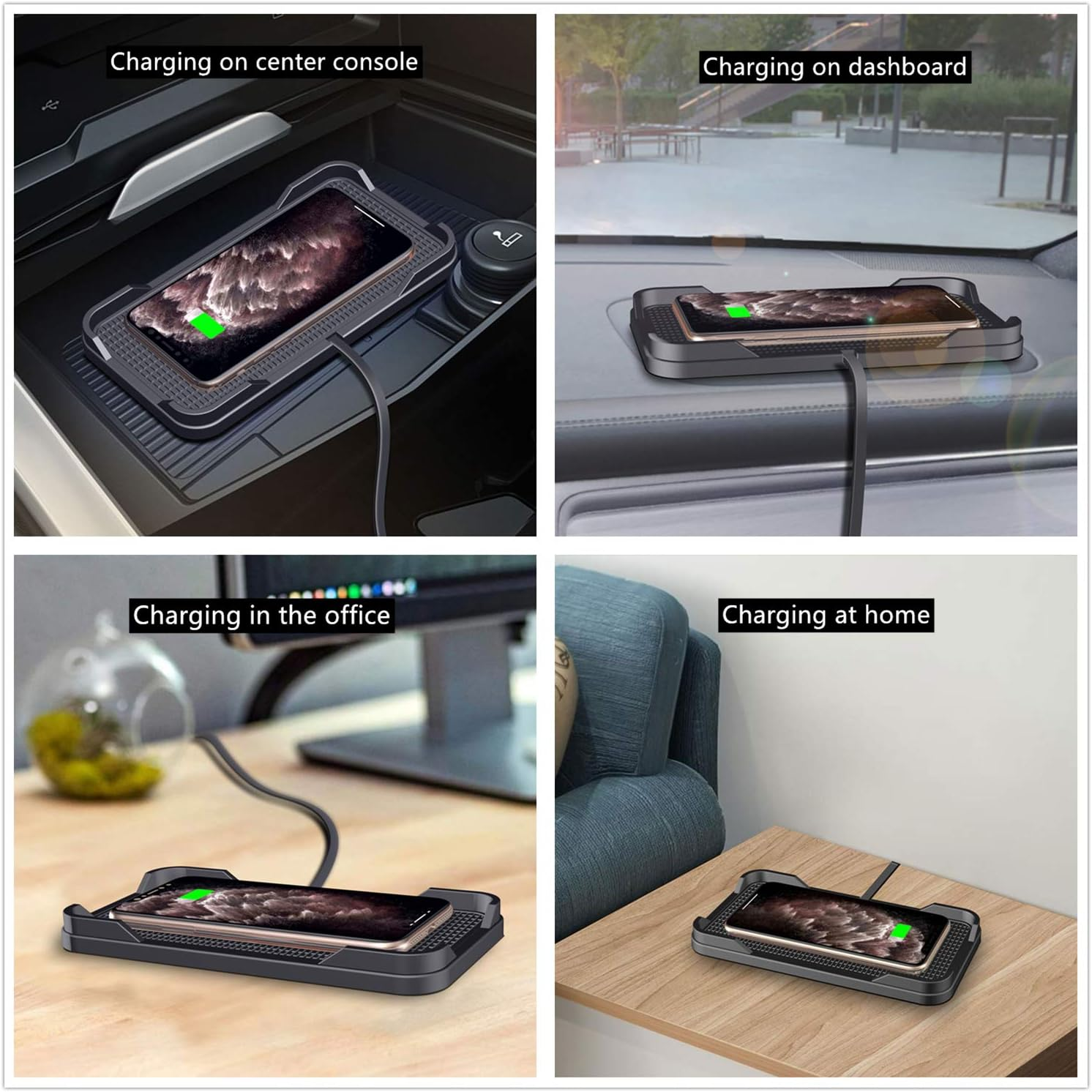 Ein Smartphone wird auf einer Ladefläche in einem Auto, Büro und zu Hause geladen.