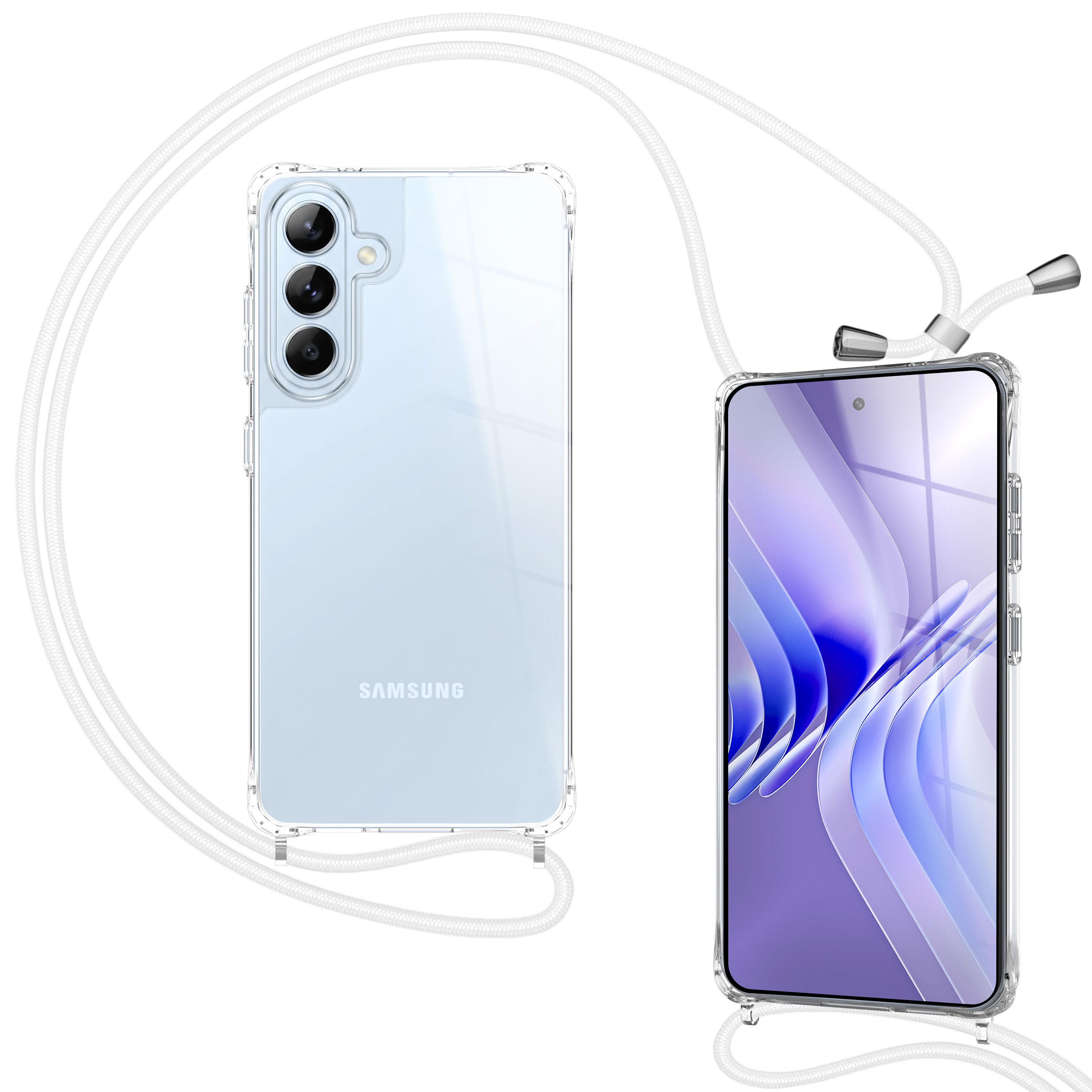 Ein transparentes Samsung-Handy mit einem weißen Riemen, das von vorne und hinten gezeigt wird.
