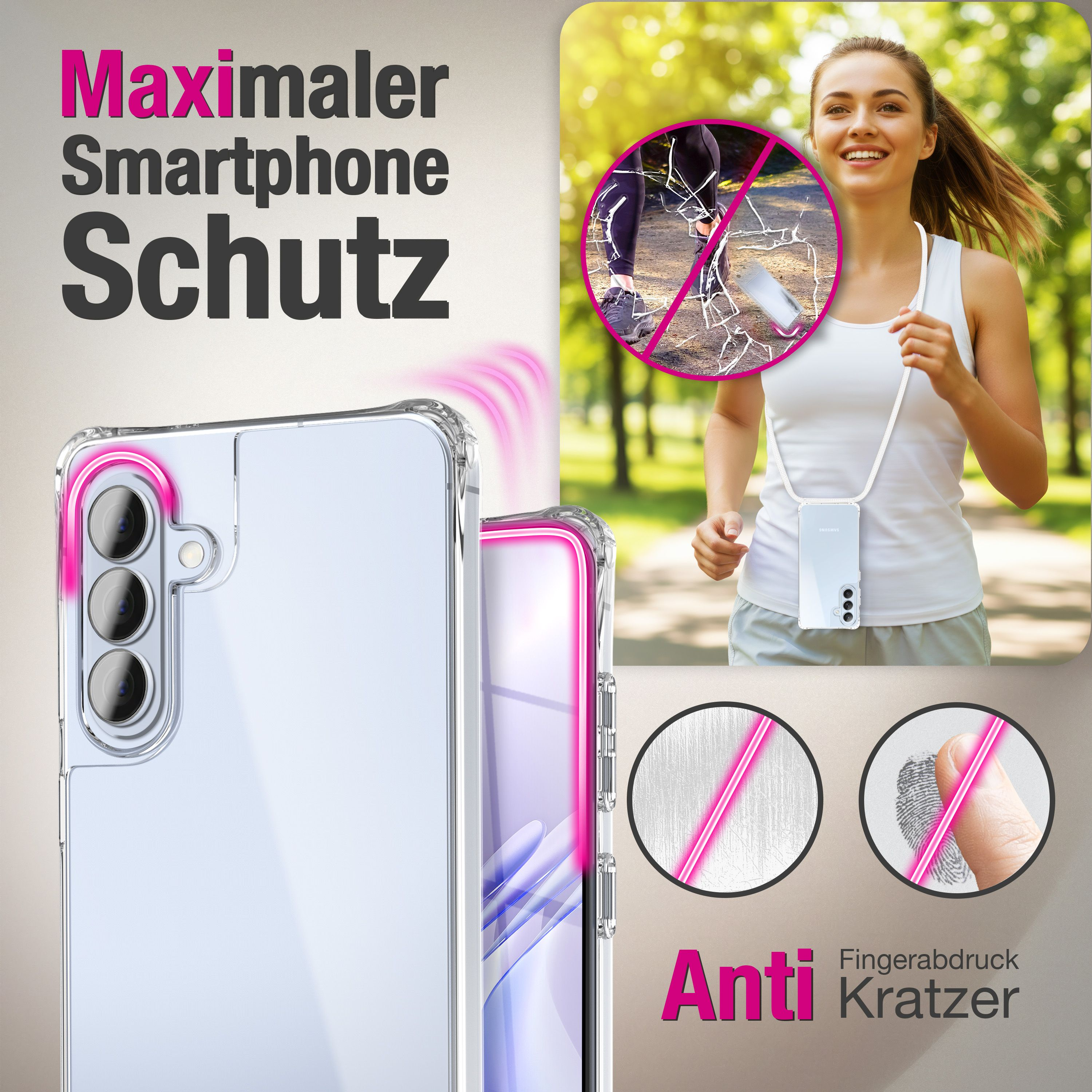 Ein transparentes Smartphone-Case mit pinken Akzenten, das Schutz vor Zerbrechen, Kratzern und Fingerabdrücken bietet.