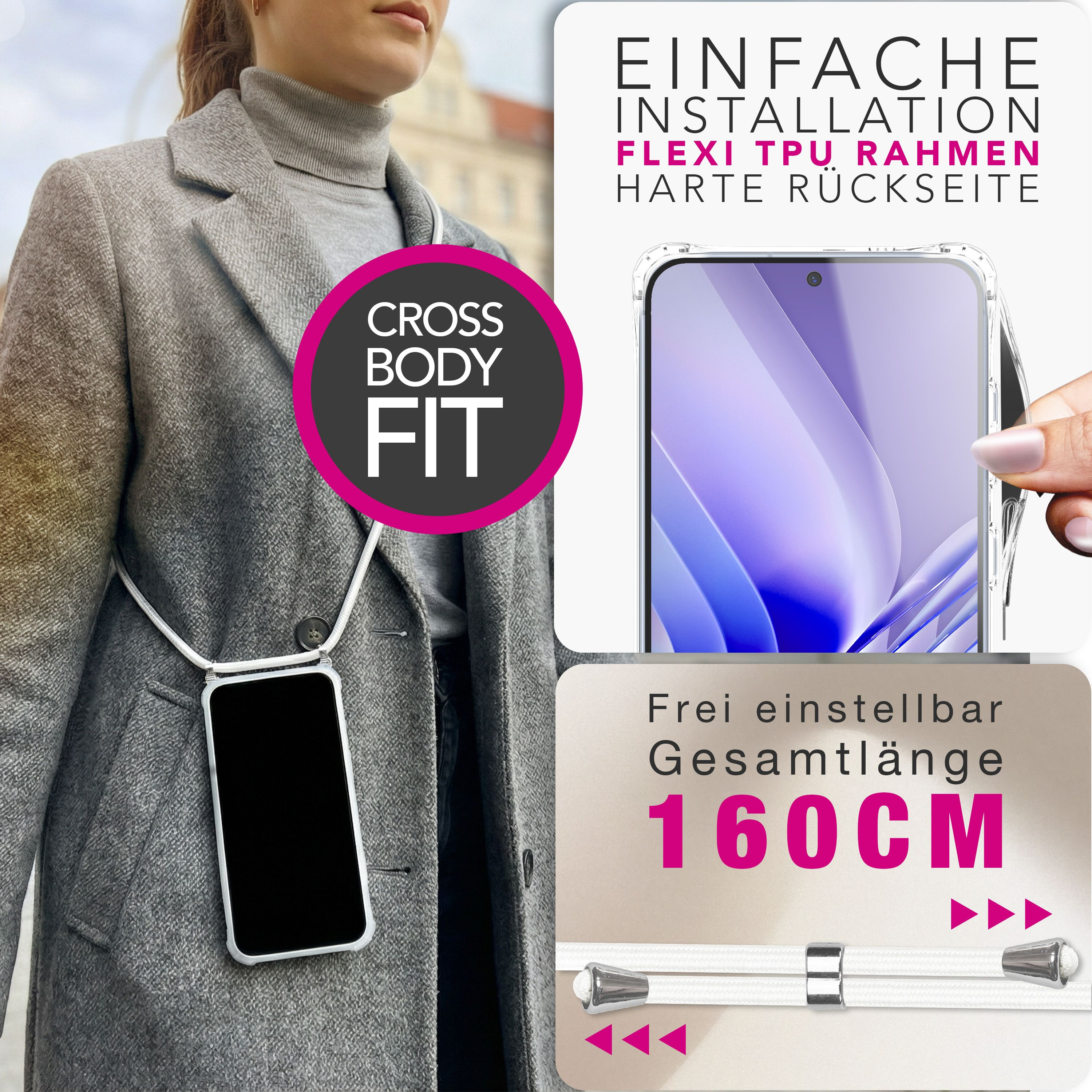 Grauer Mantel mit Handy-Halterung, 160cm Band. Einfache Installation.
