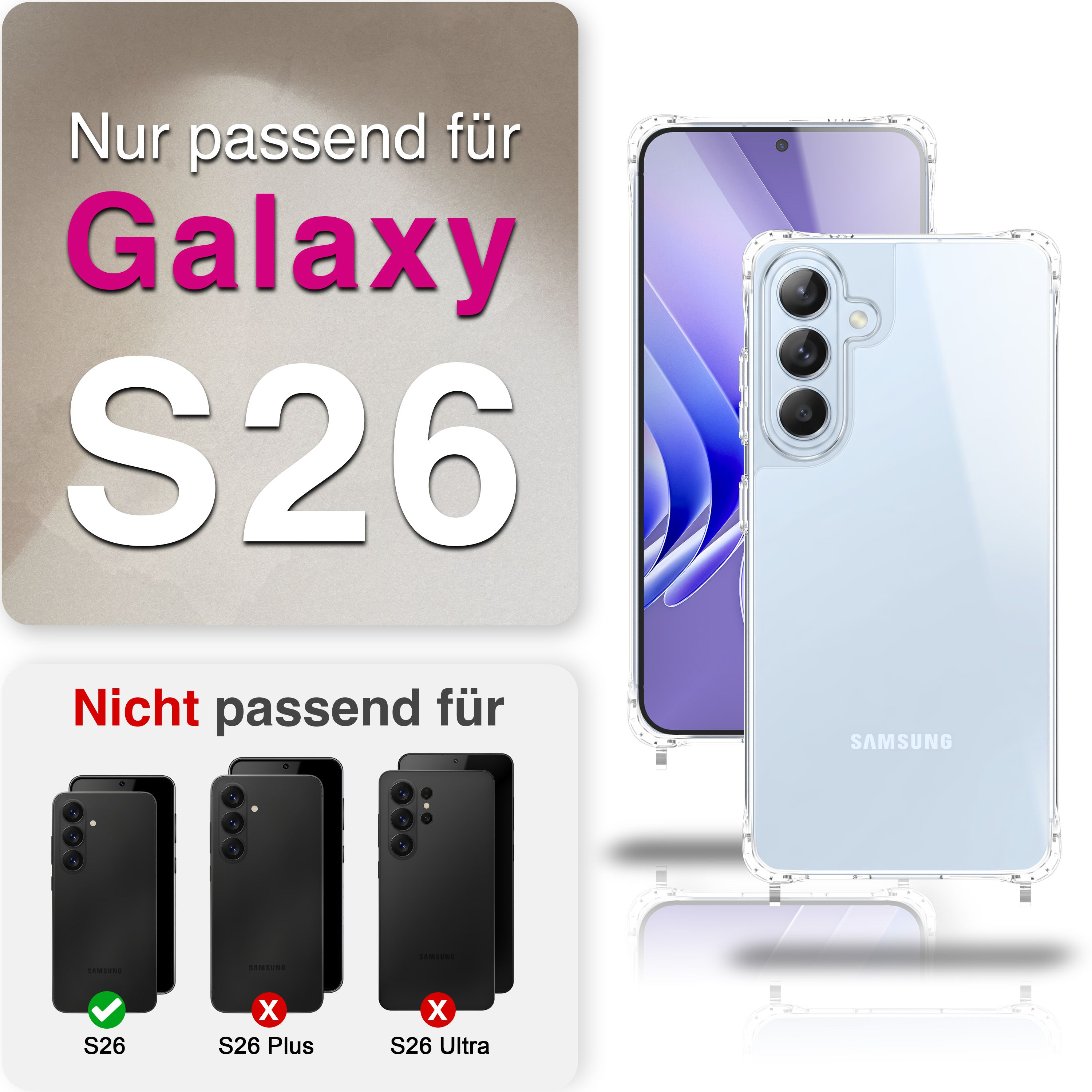 Transparente Hülle für Samsung Galaxy S26. Nicht für S26 Plus/Ultra.