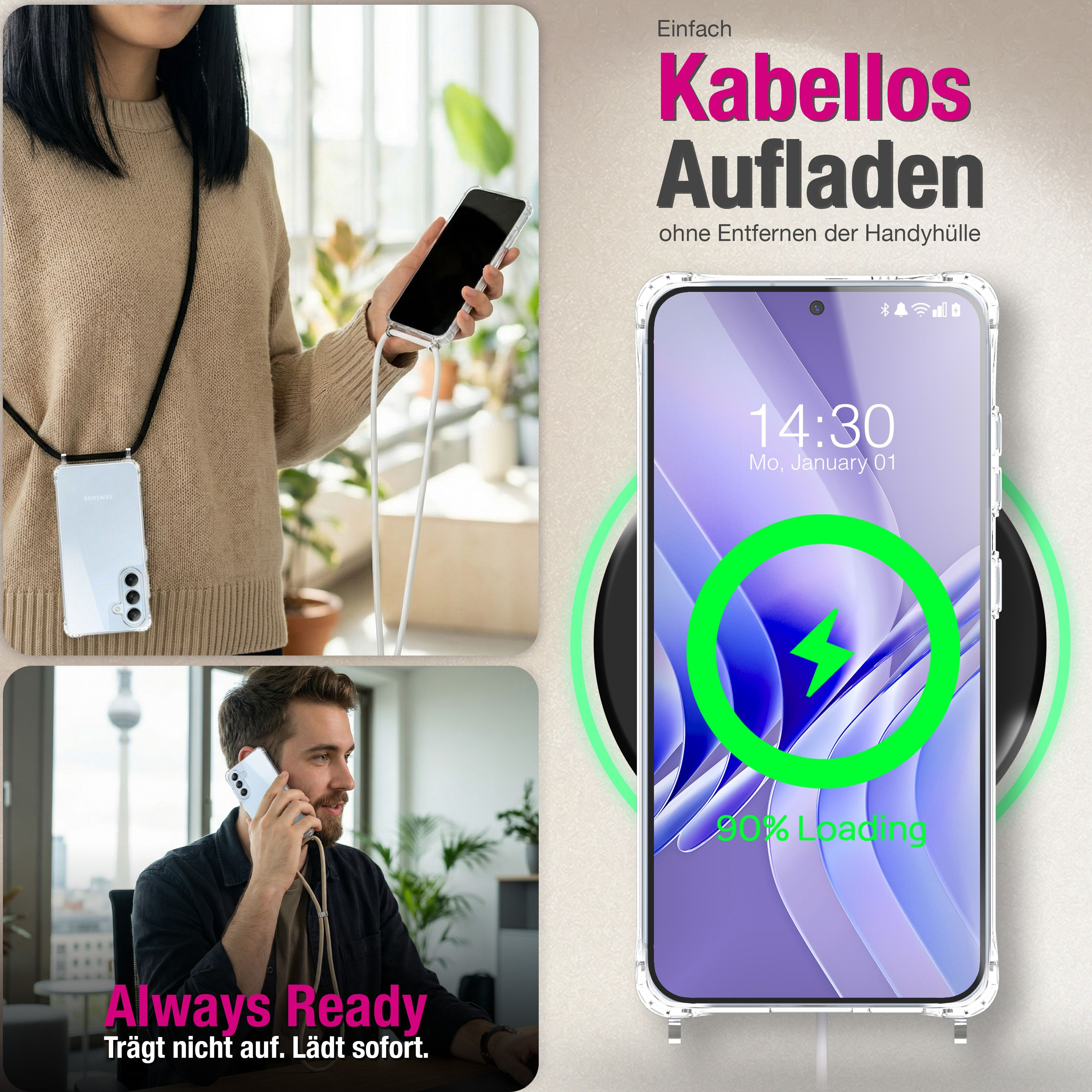 Collage zeigt kabelloses Laden von Smartphones. Eine Frau trägt Handy mit Lanyard, ein Mann telefoniert.