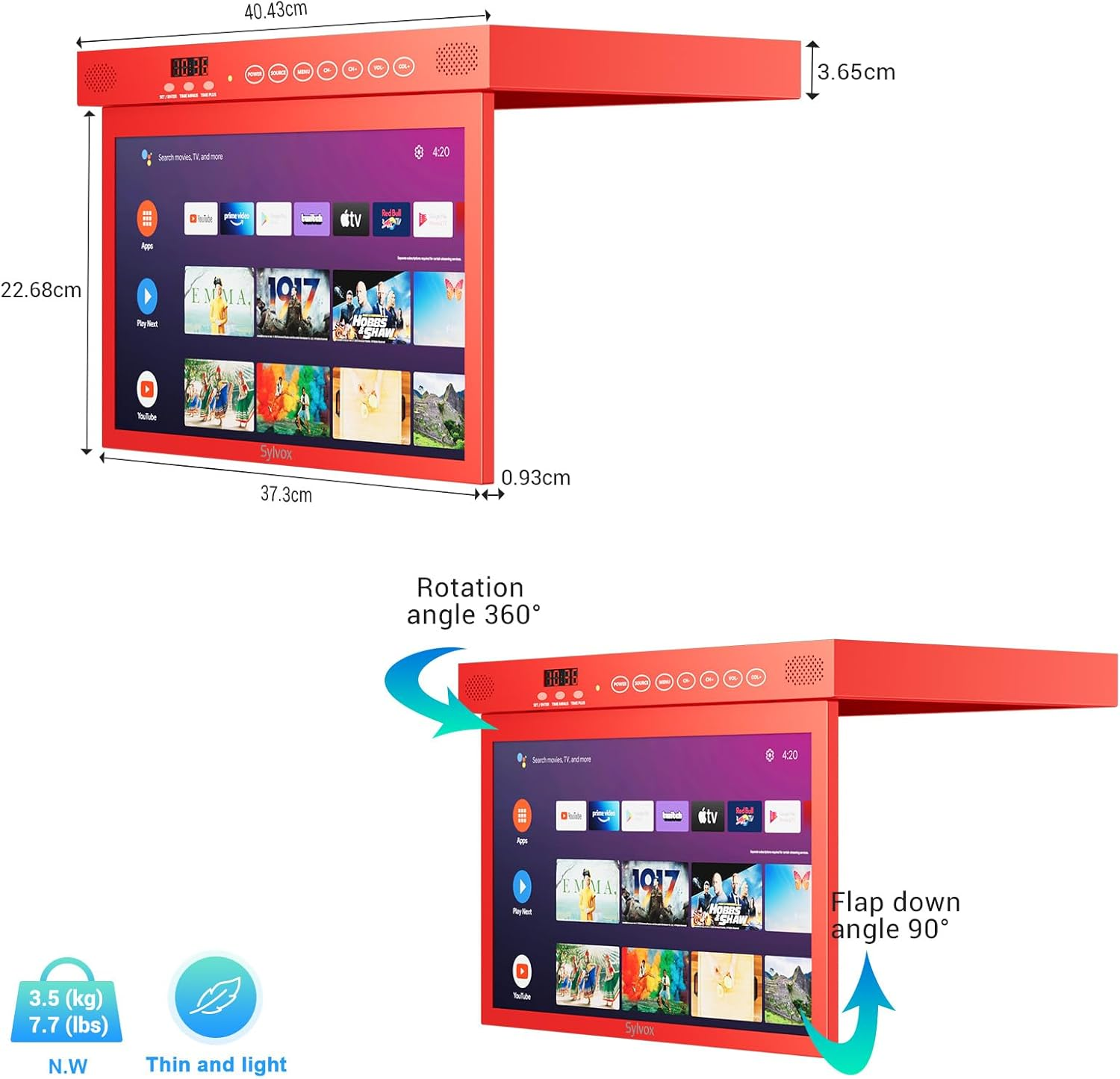 Monitor rojo con aplicaciones y portadas de películas, se indican las dimensiones.