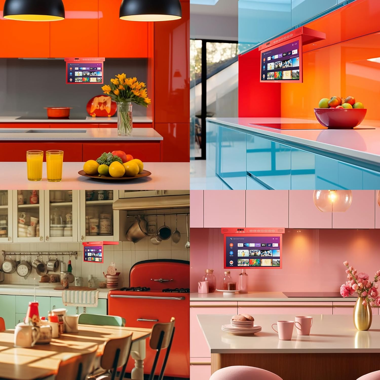 Moderna cocina naranja con pantalla, vasos y fruta.