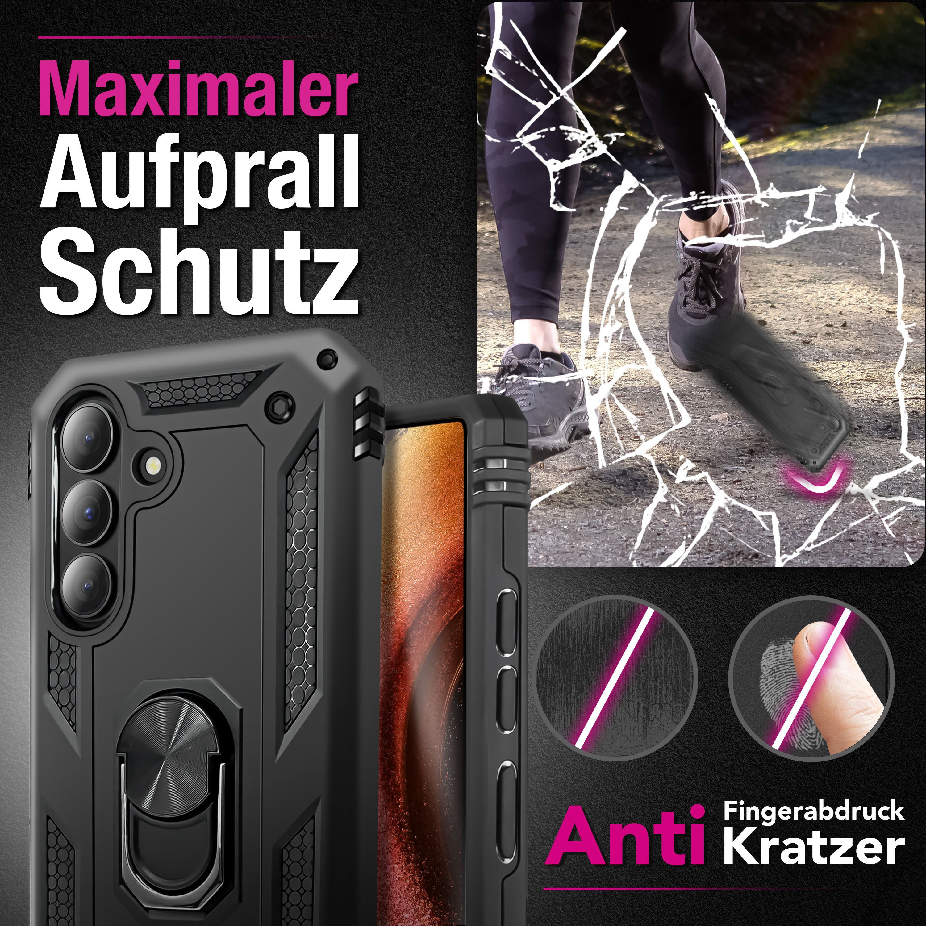 Schwarze Handyhülle mit Ring und Schutz vor Stürzen und Fingerabdrücken.
