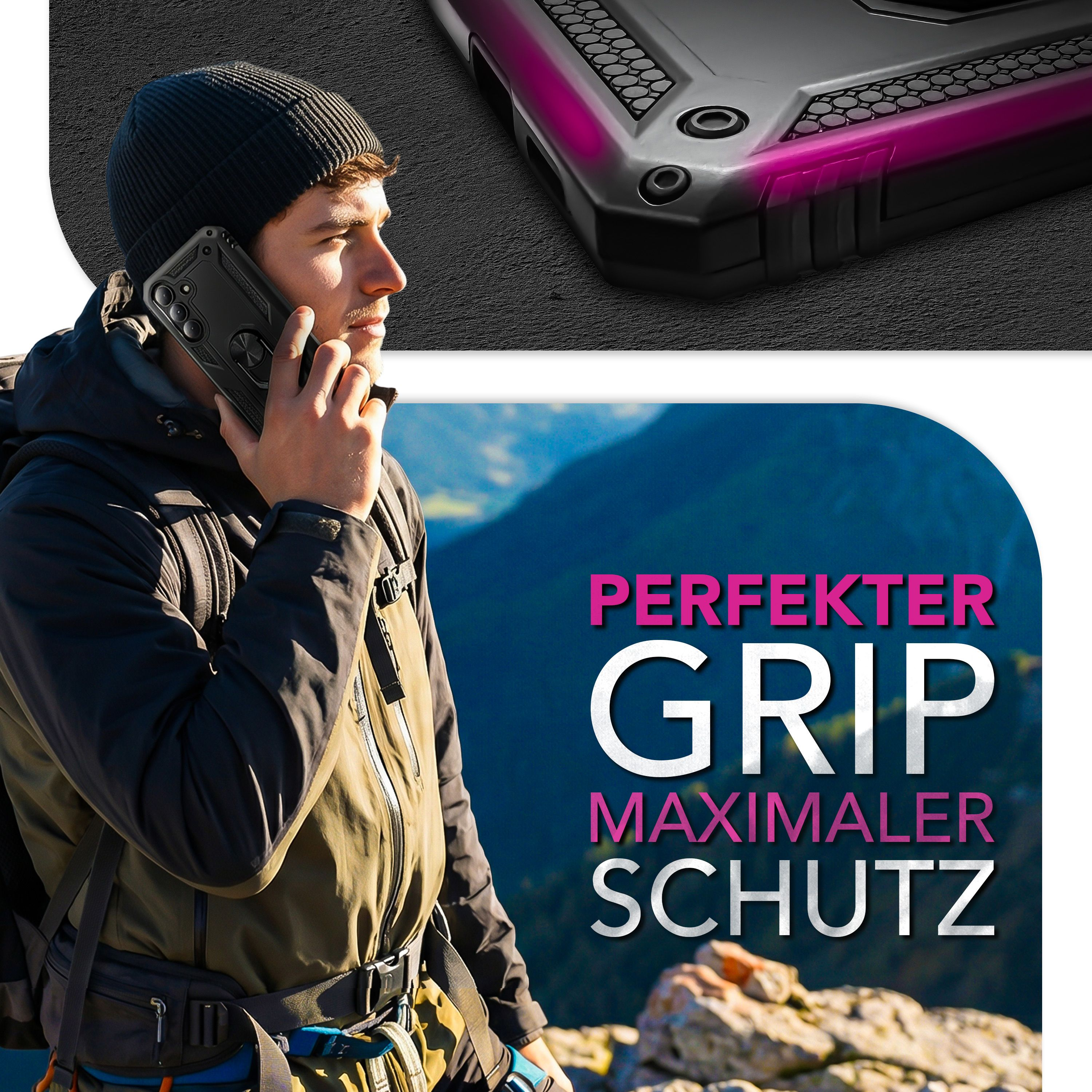 Mann mit Handy und Rucksack in den Bergen, mit Text über perfekten Halt.
