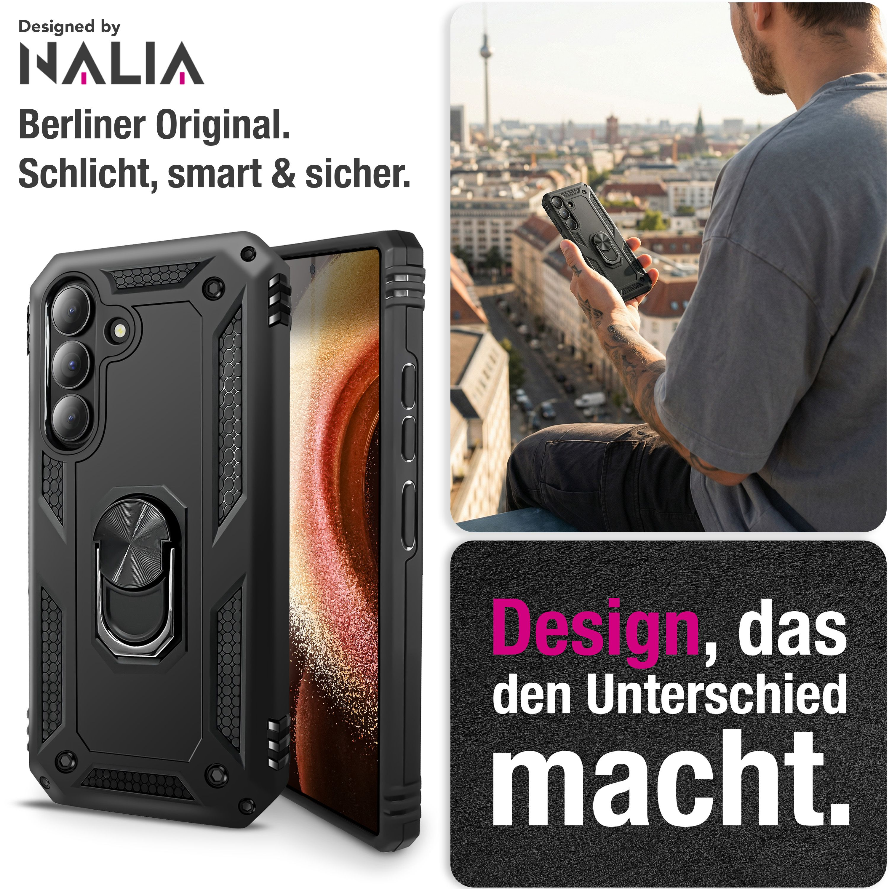 Schwarzes Handyhülle mit Ringhalterung und Berliner Skyline im Hintergrund.
