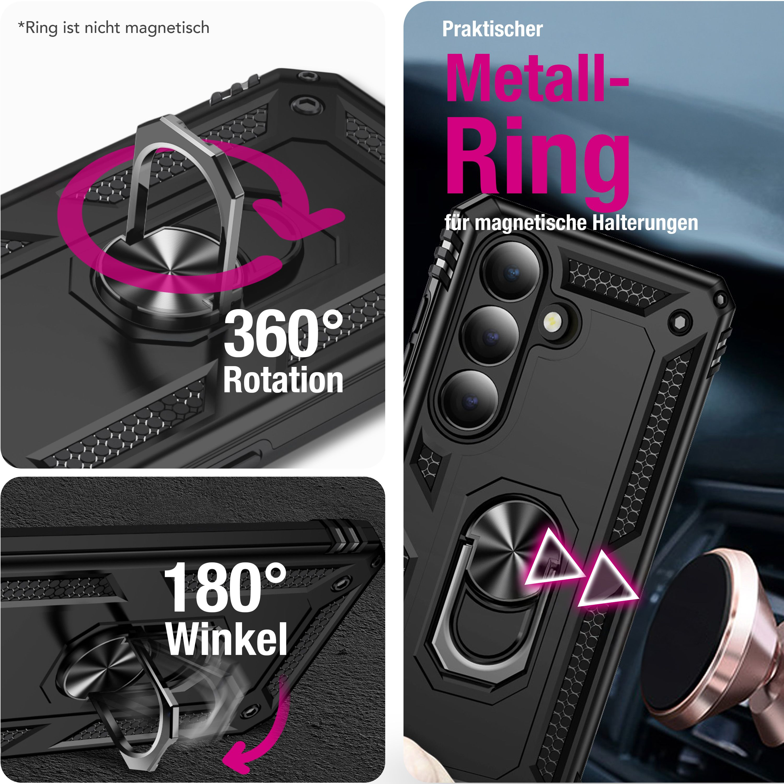 Schwarze Handyhülle mit drehbarem Ring und Hinweis auf 360° Rotation.