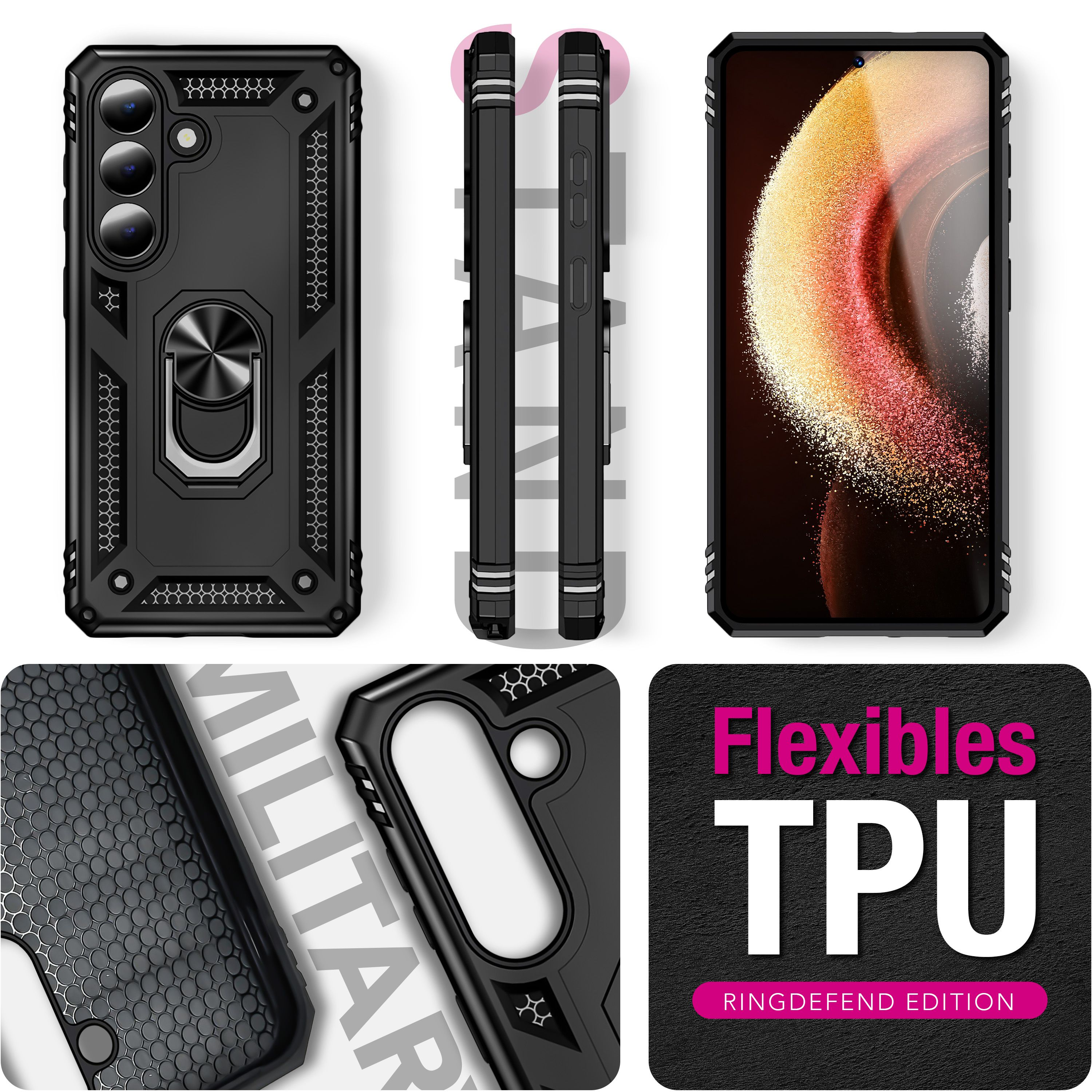 Schwarze Handyhülle mit Ringhalterung, Kameraausschnitt, Seitenansicht und Text 'Flexibles TPU'.
