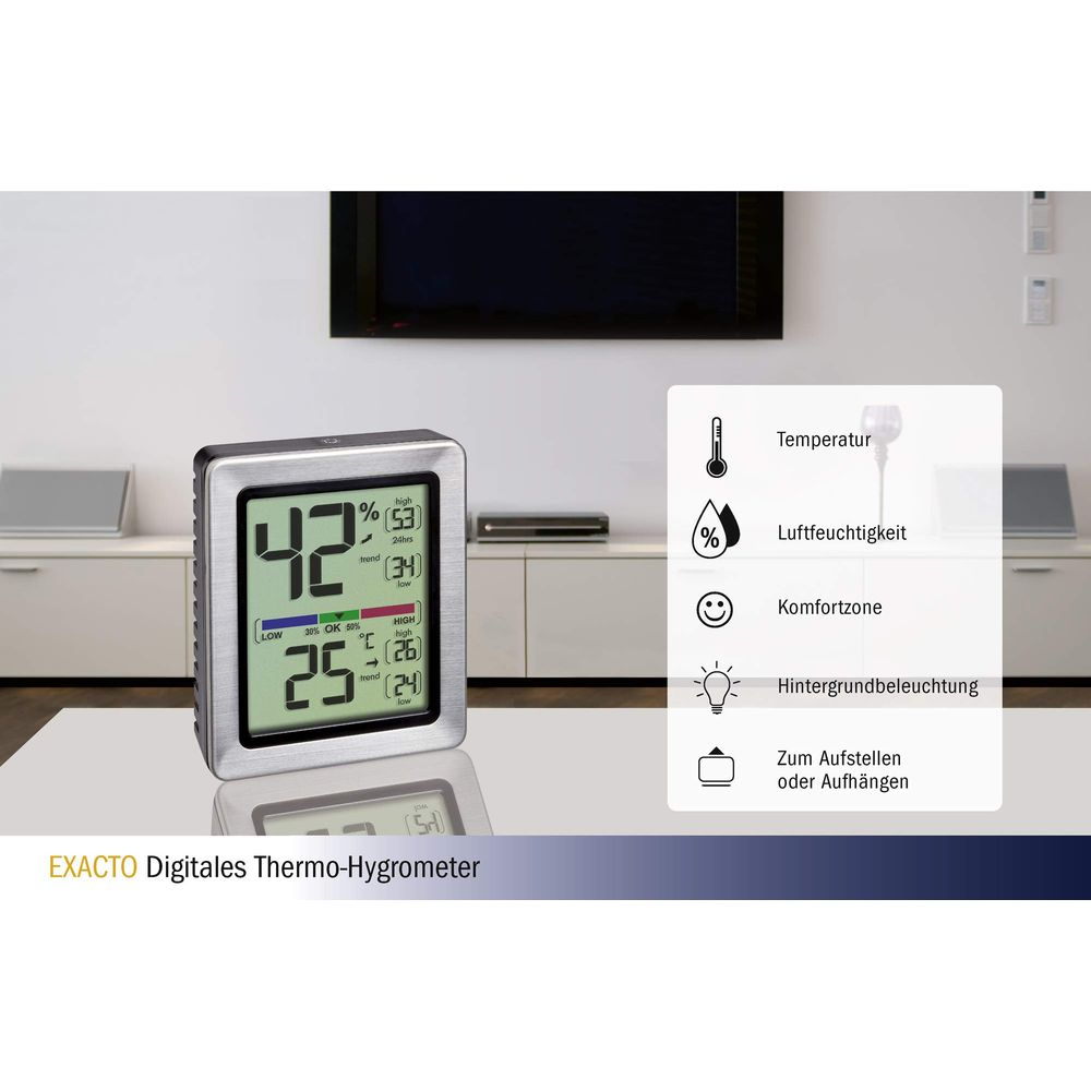 Digitales Thermo-Hygrometer zeigt 42% Luftfeuchtigkeit und 25°C an.