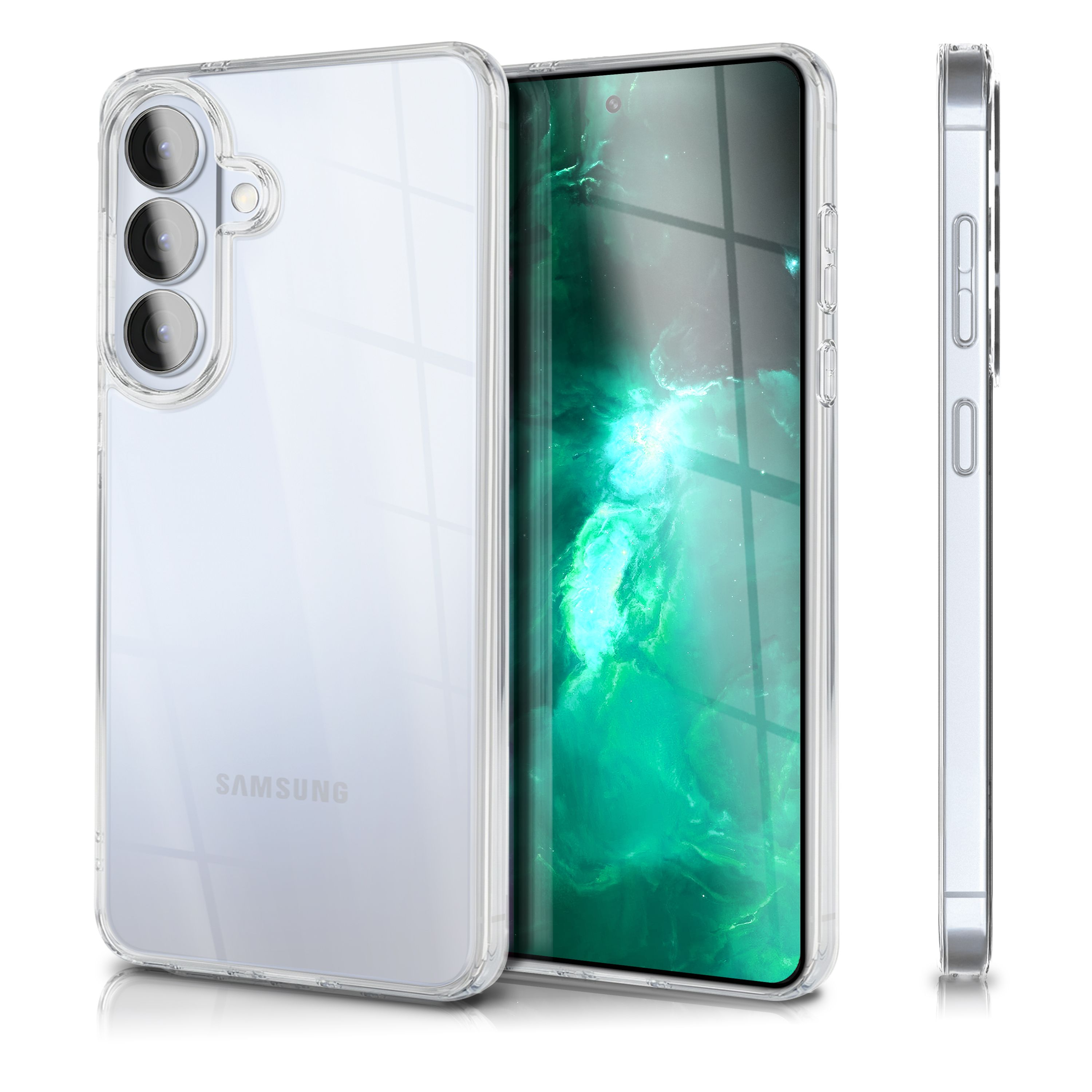 Transparente Handyhülle mit Kamera- und Seitentasten, Samsung-Logo.