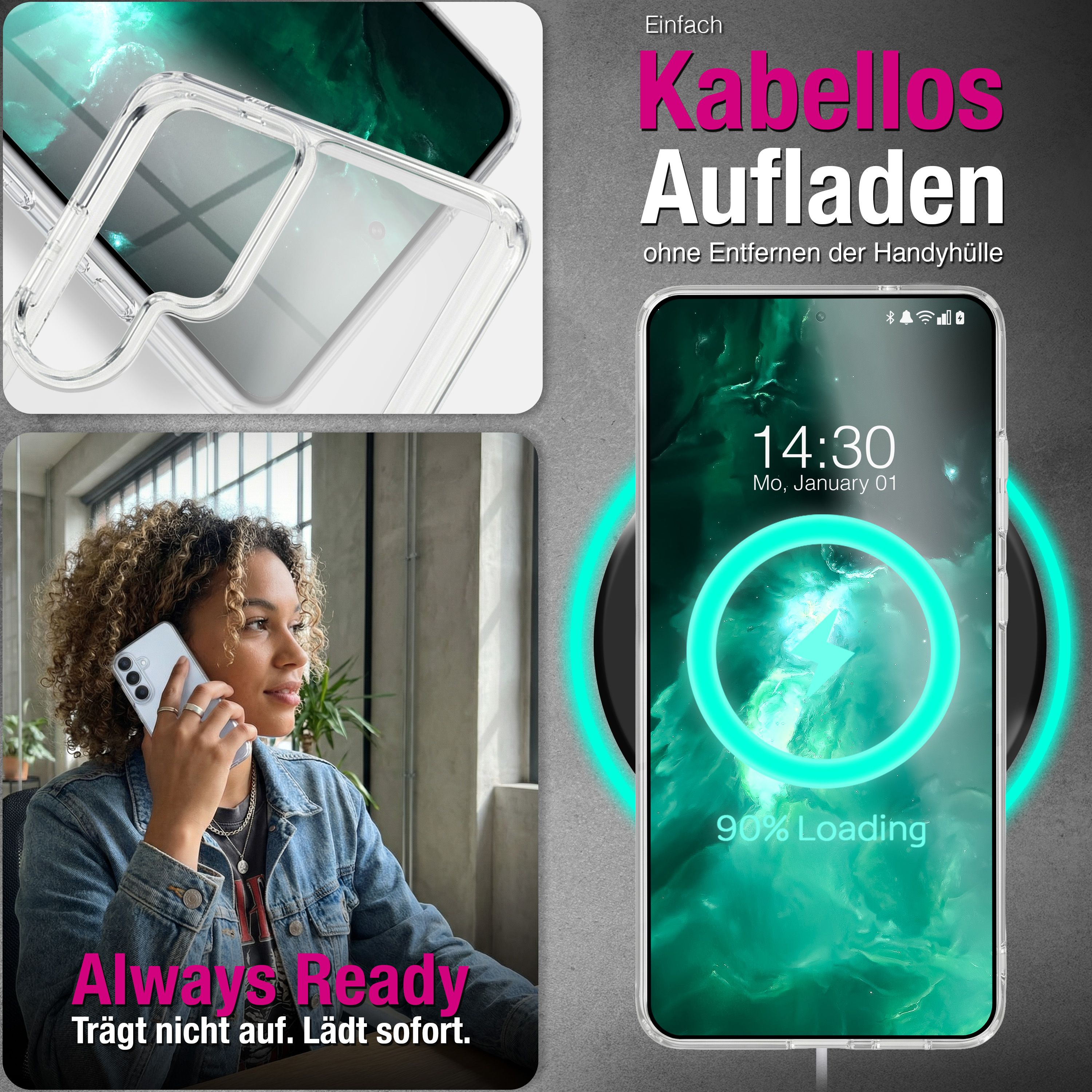 Eine Frau telefoniert, während ein Handy kabellos geladen wird. Klare Hülle.