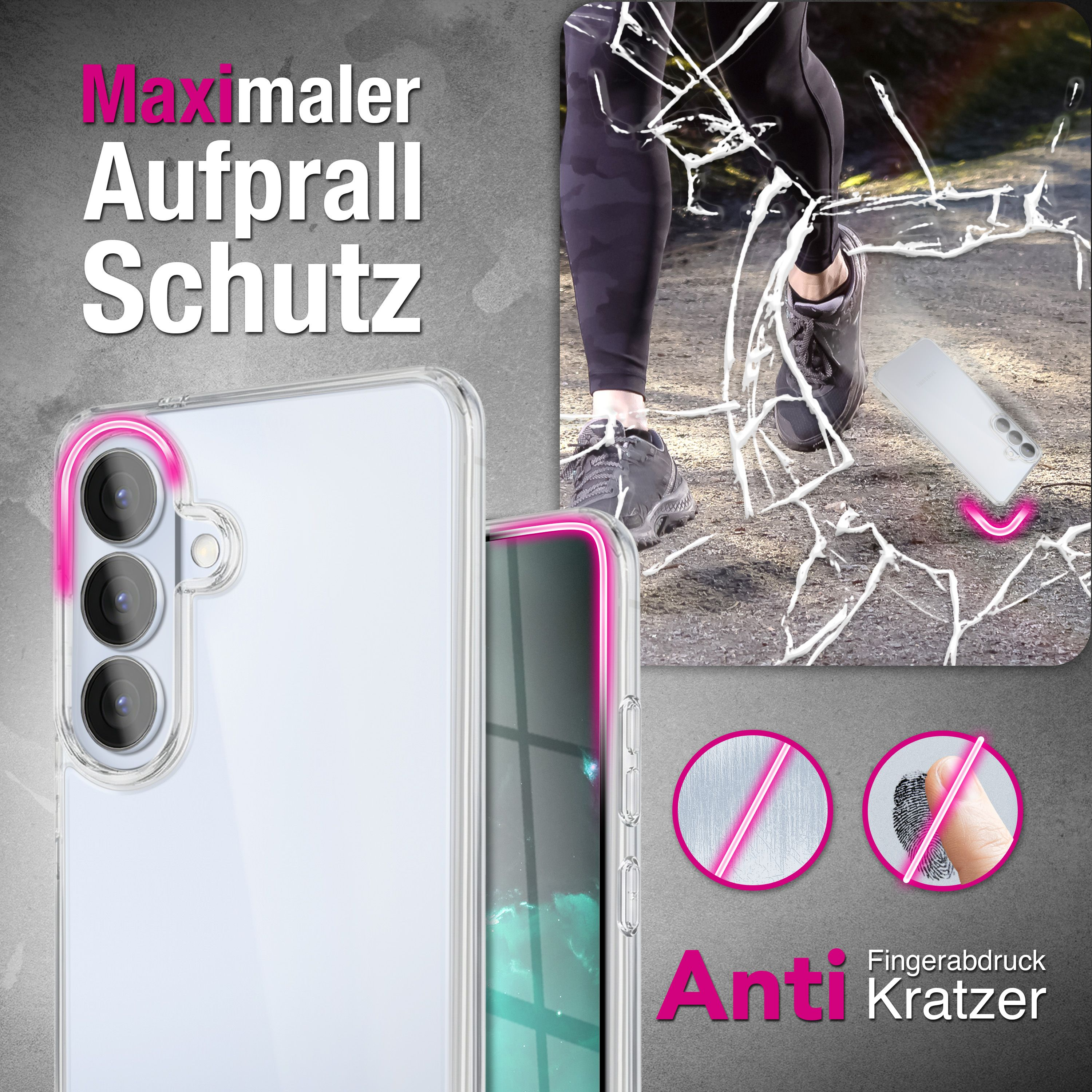 Transparente Hülle mit rosa Akzenten, schützt vor Kratzern und Fingerabdrücken.