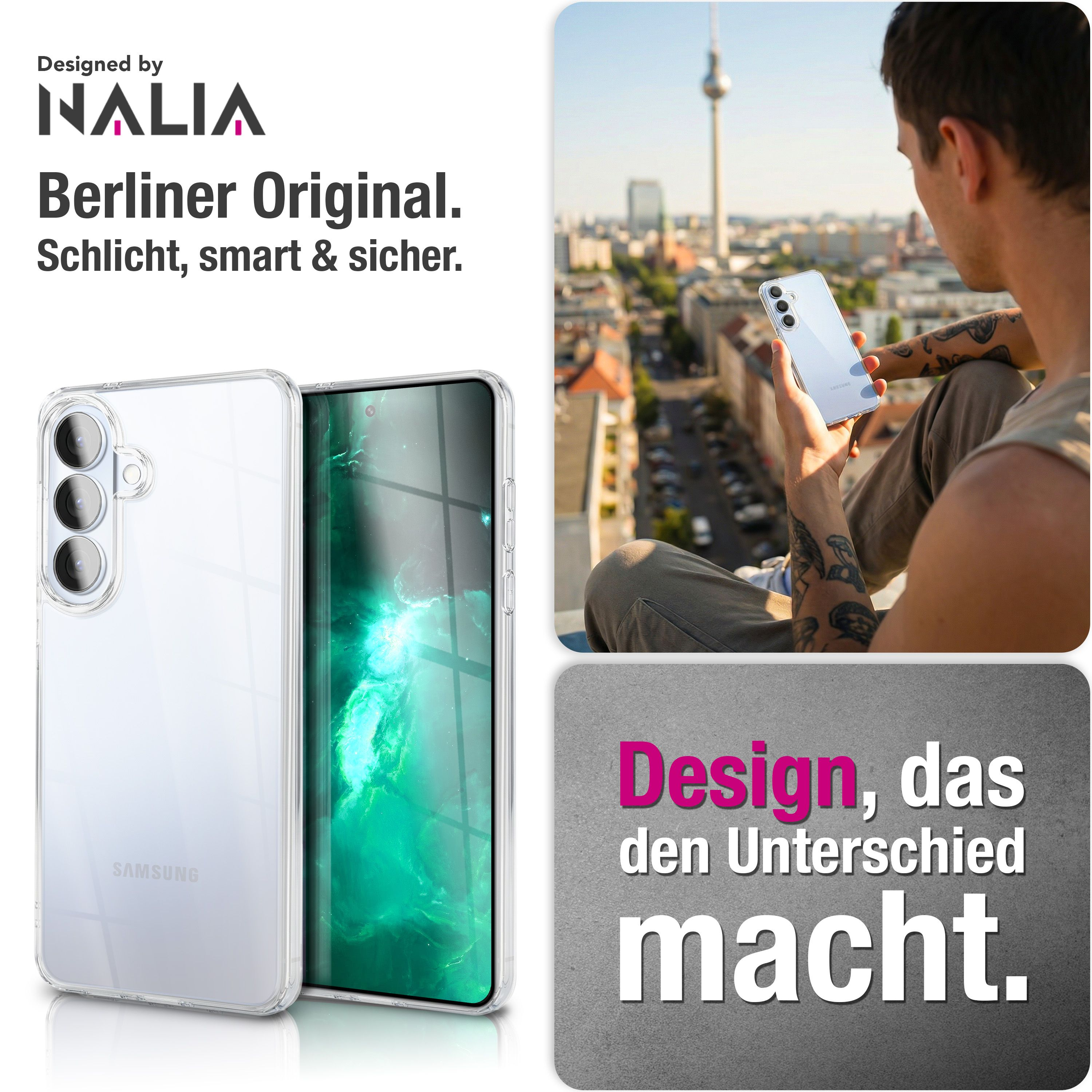 Ein Mann mit Tattoos hält ein Smartphone, im Hintergrund Berlin.