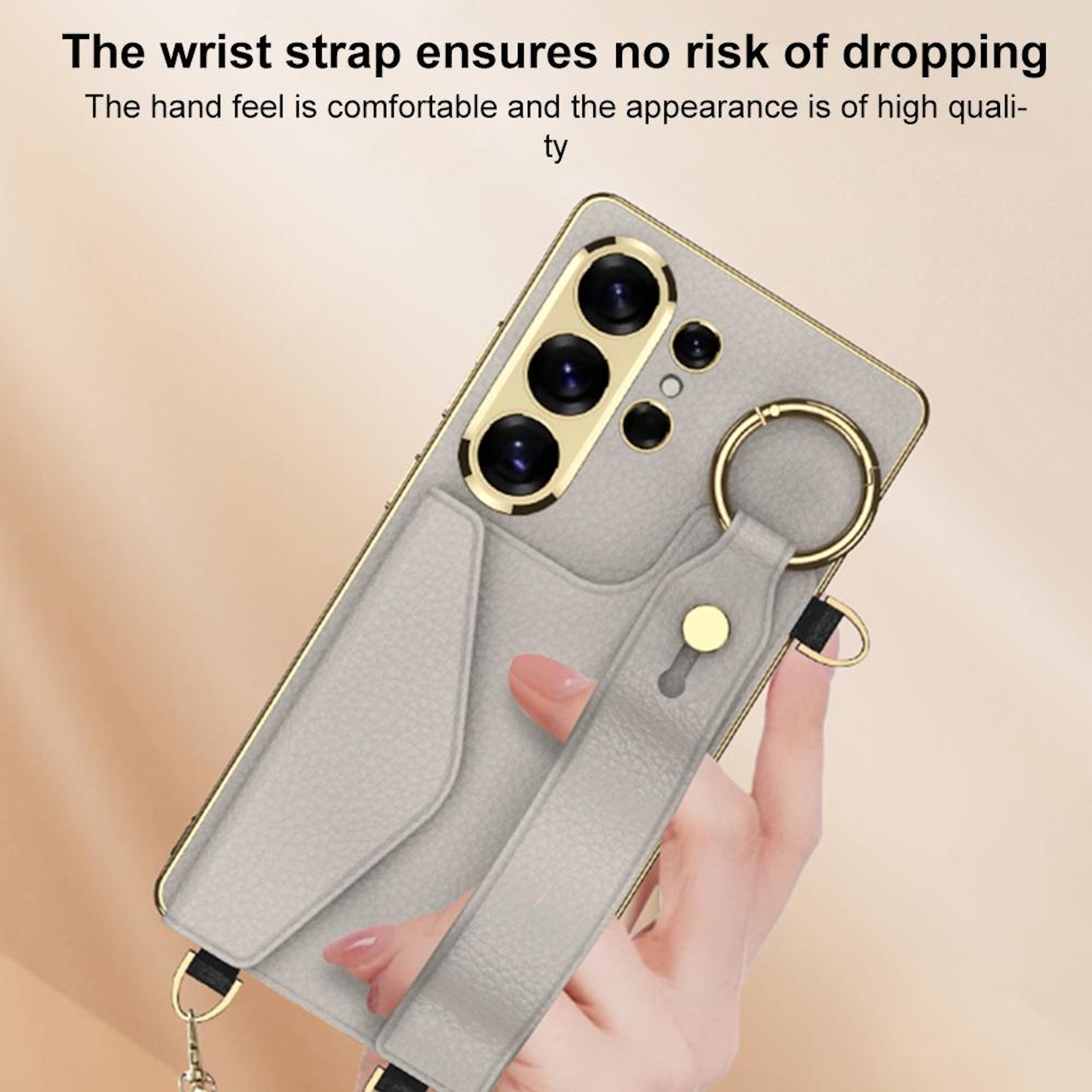 Graues Handycase mit Lederstruktur, Handschlaufe und Ringhalterung.