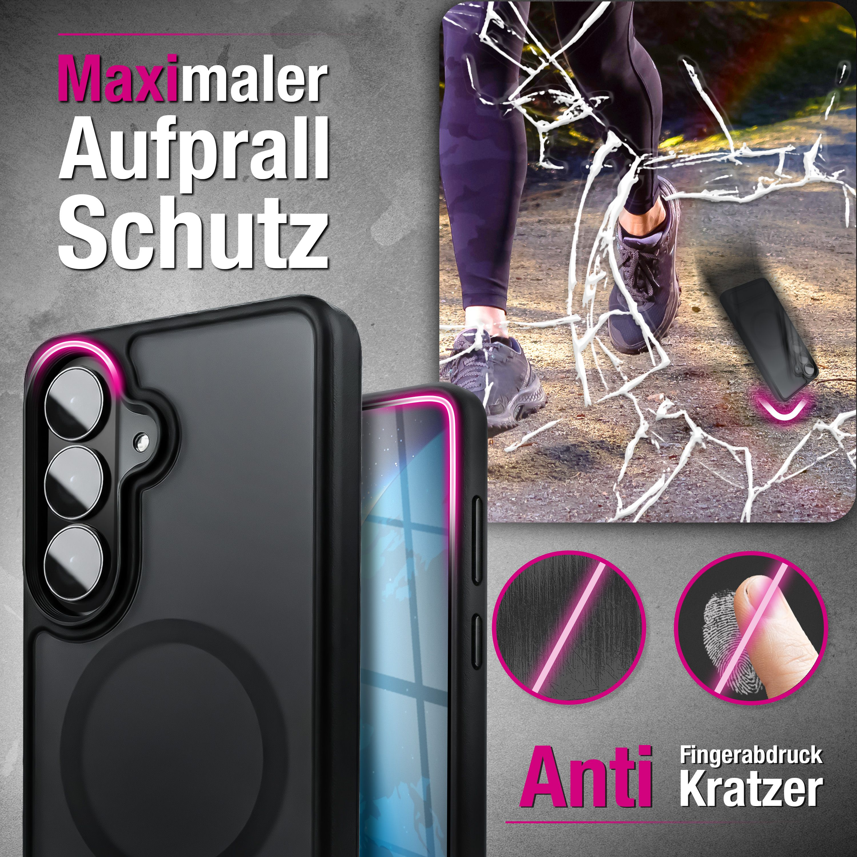 Schwarze Handyhülle mit pinkem Rand, Schutz vor Fallen und Fingerabdrücken.