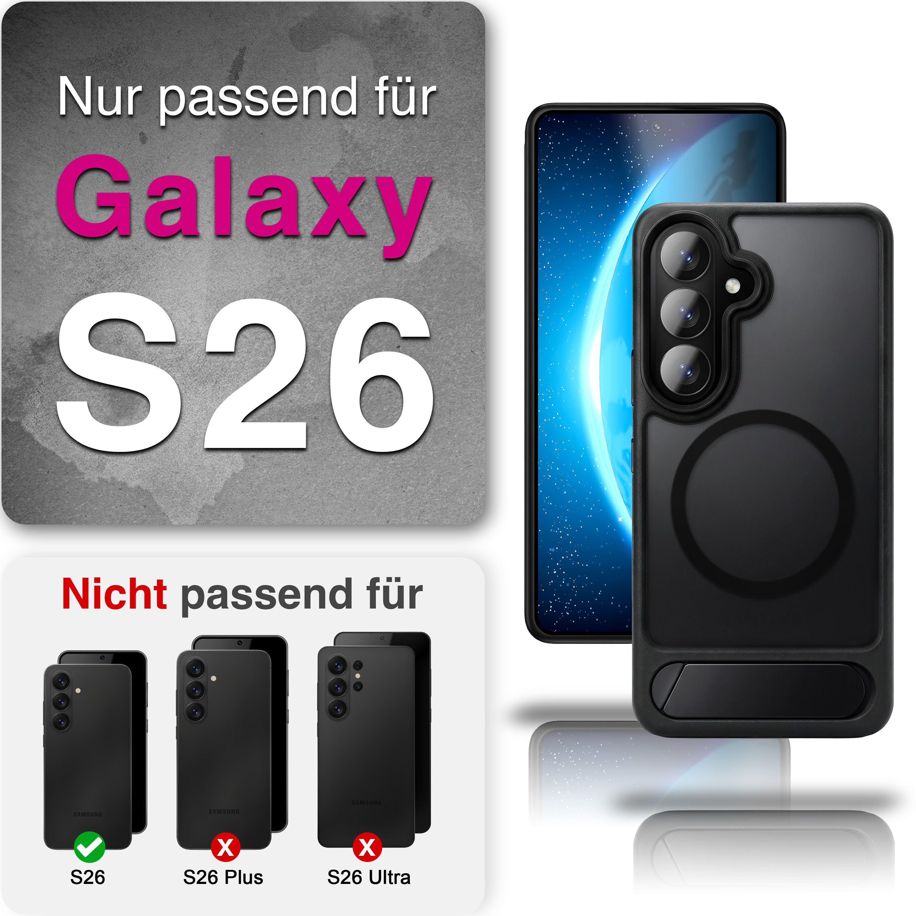 Schwarze Handyhülle für Samsung Galaxy S26, nicht S26 Plus/Ultra.
