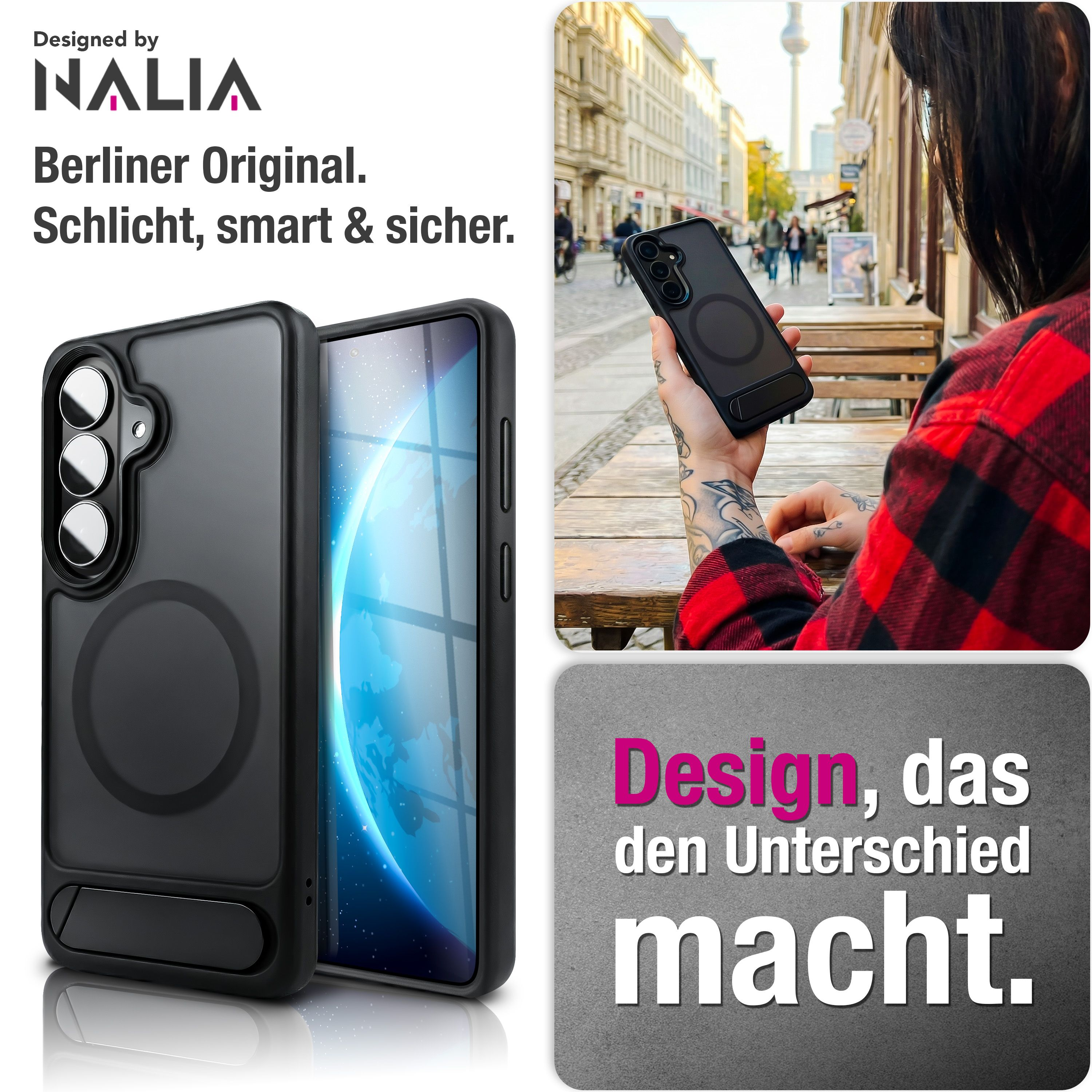 Schwarze Handyhülle mit Magnetring und Ständer, in Berlin.