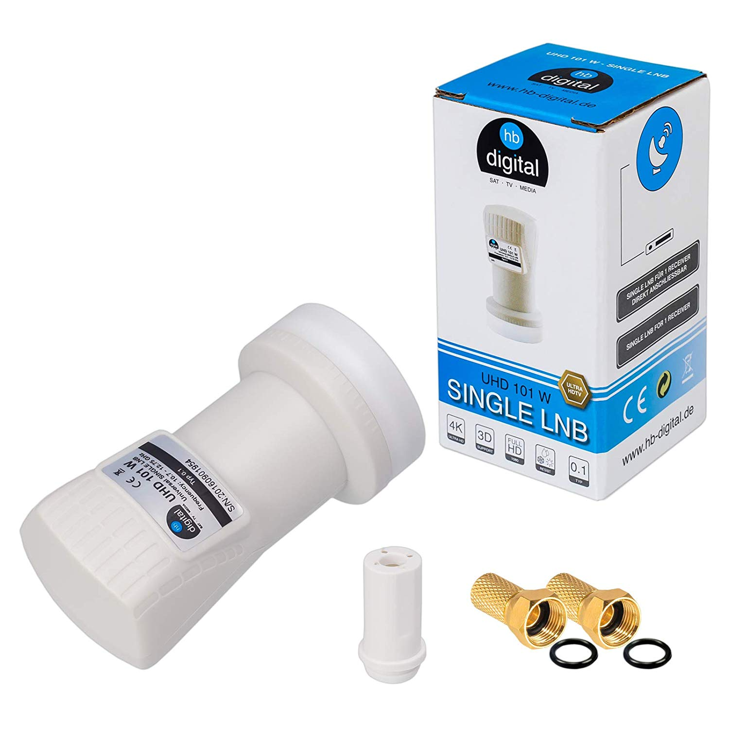 Ein LNB-Gerät, Verpackung, Schutzkappe und zwei goldene F-Stecker.