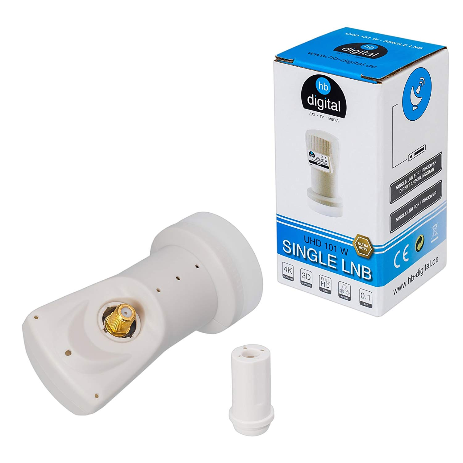 Ein weißer LNB und seine Verpackung stehen nebeneinander.