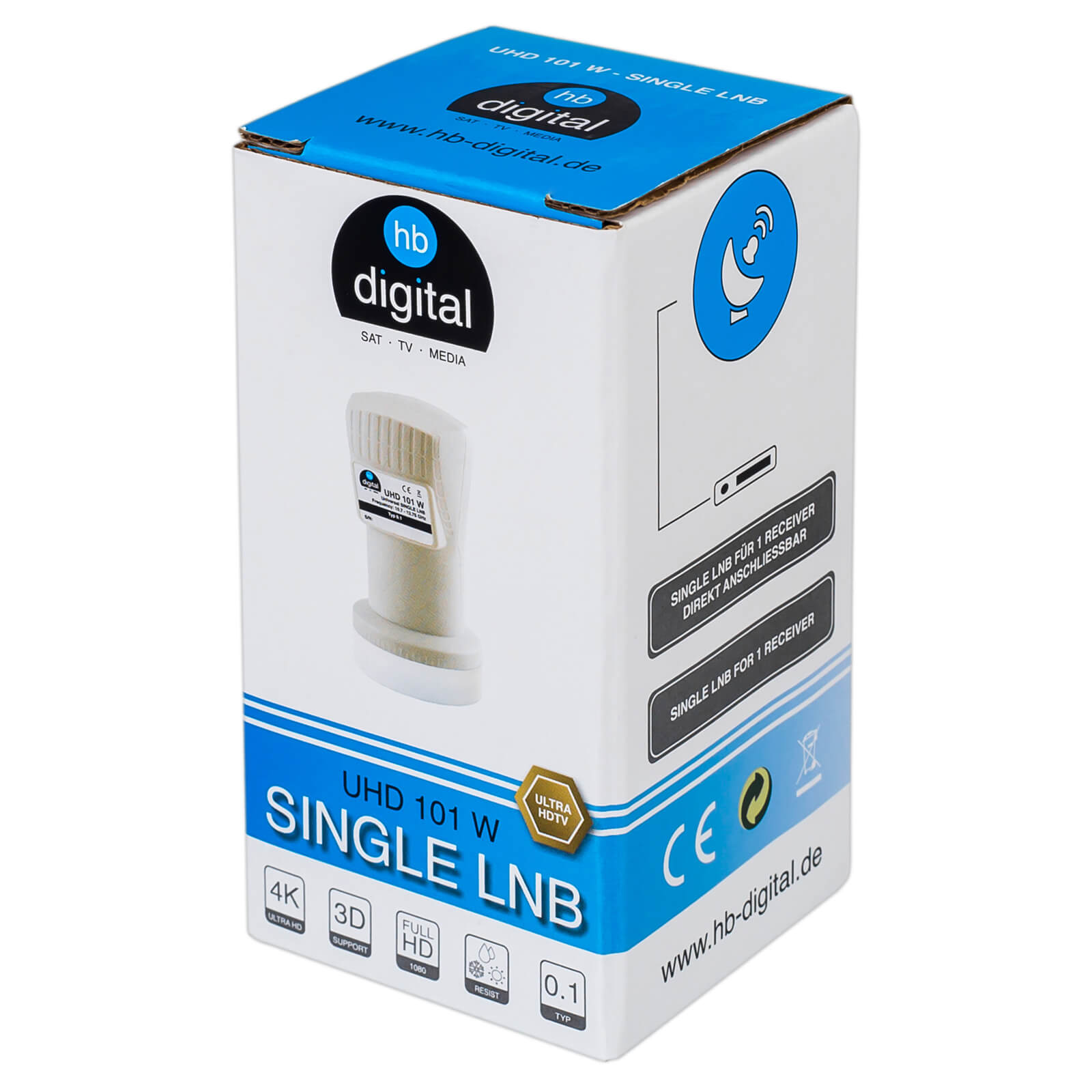 Verpackung des HB Digital Single LNB UHD 101 W mit Produktabbildung und Spezifikationen.