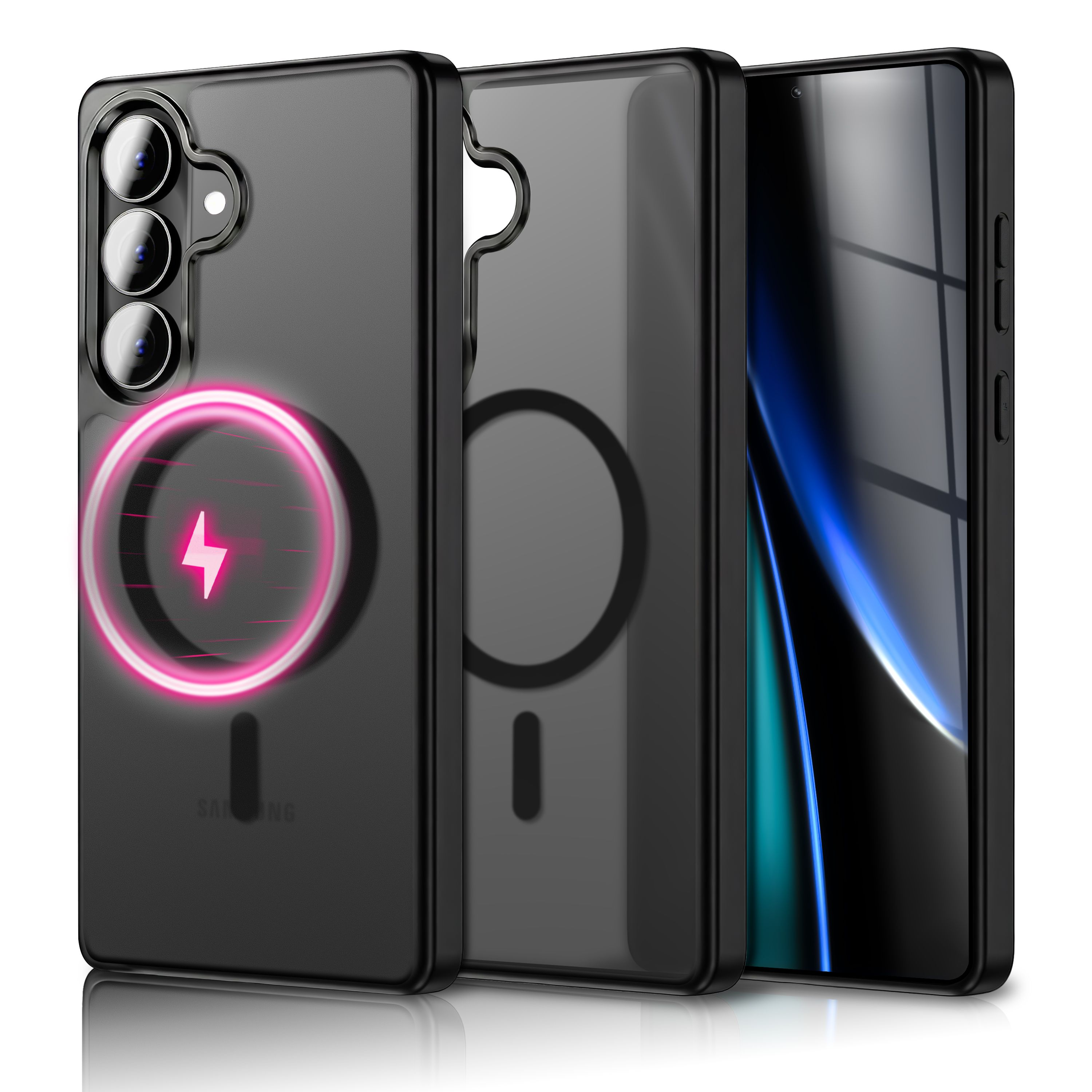 Ein schwarzes Handy mit einer transparenten Hülle, die eine magnetische Ladeanzeige zeigt.