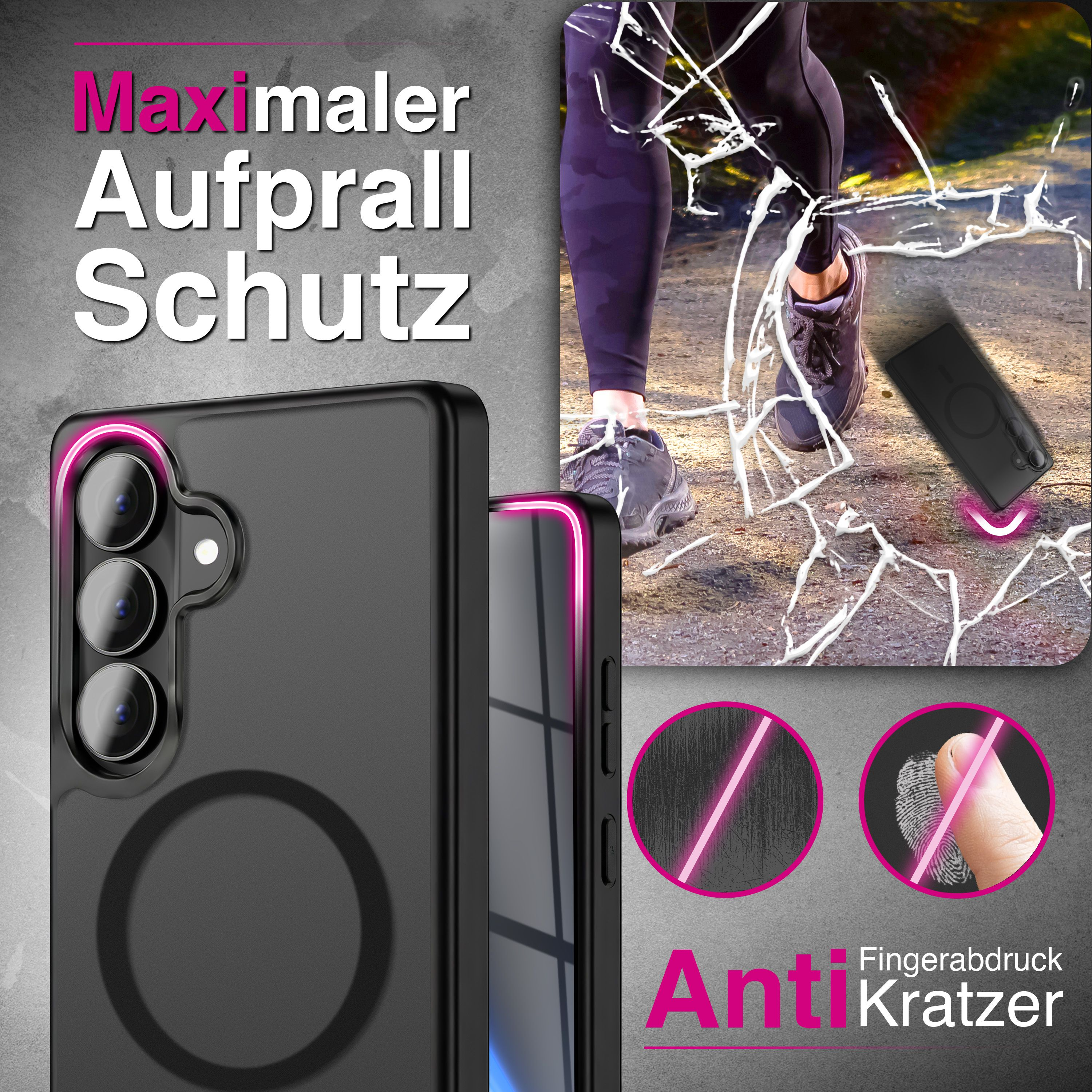 Schwarze Handyhülle mit Schutz vor Aufprall und Kratzern, zeigt ein Bein beim Laufen.