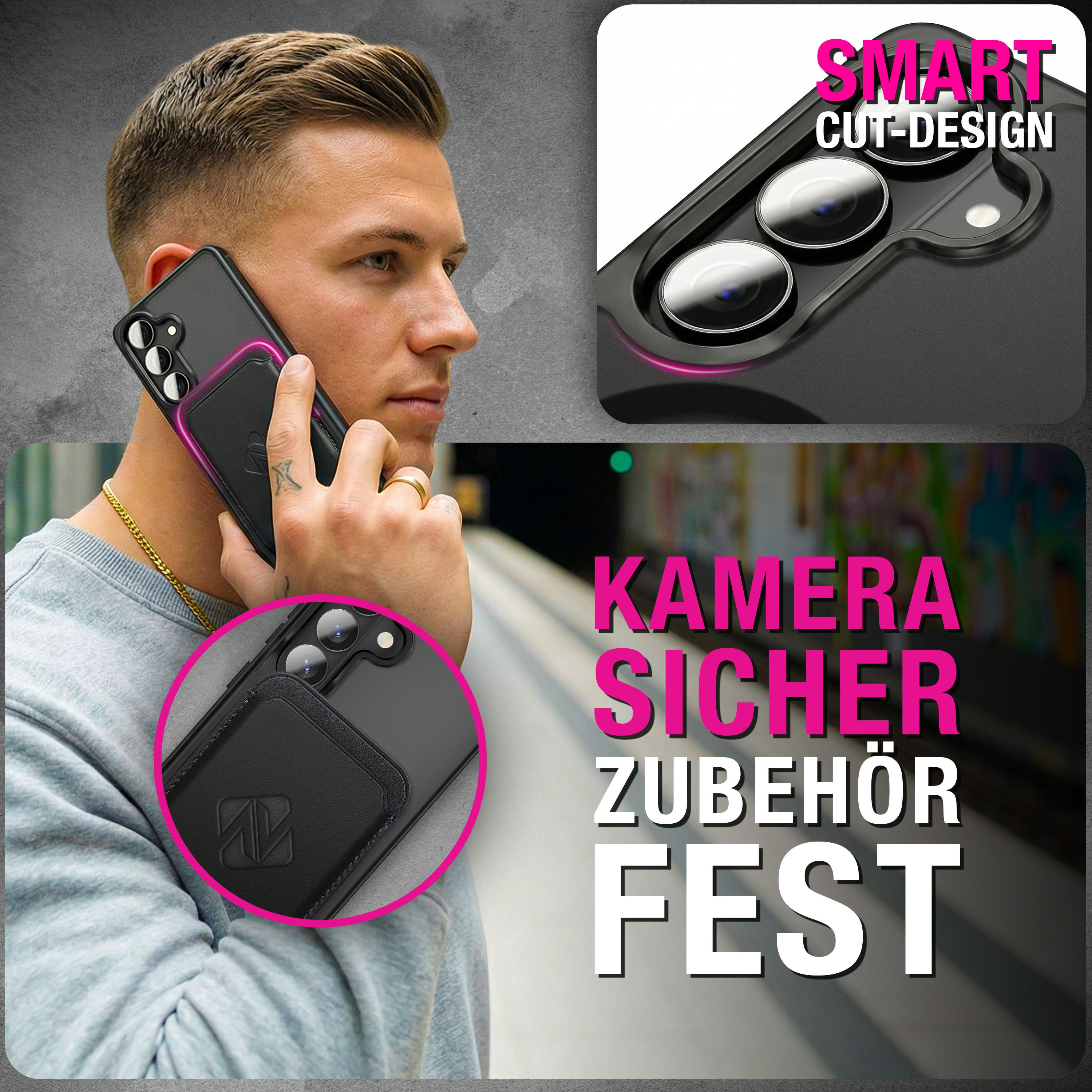 Mann telefoniert, Handyhülle mit Kameraausschnitt und Brieftaschenhalter.