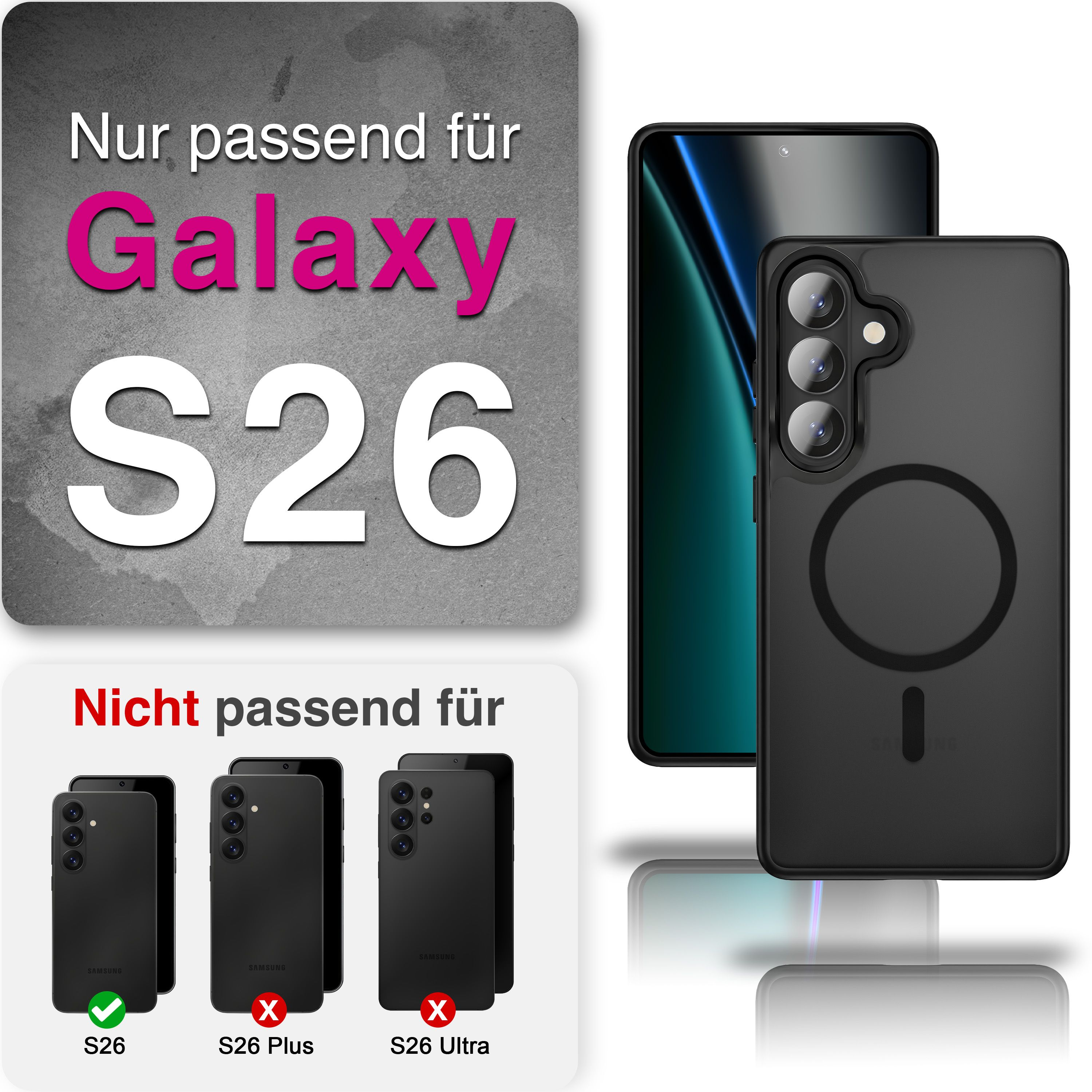 Schwarze Handyhülle für Galaxy S26. Nicht passend für S26 Plus/Ultra.