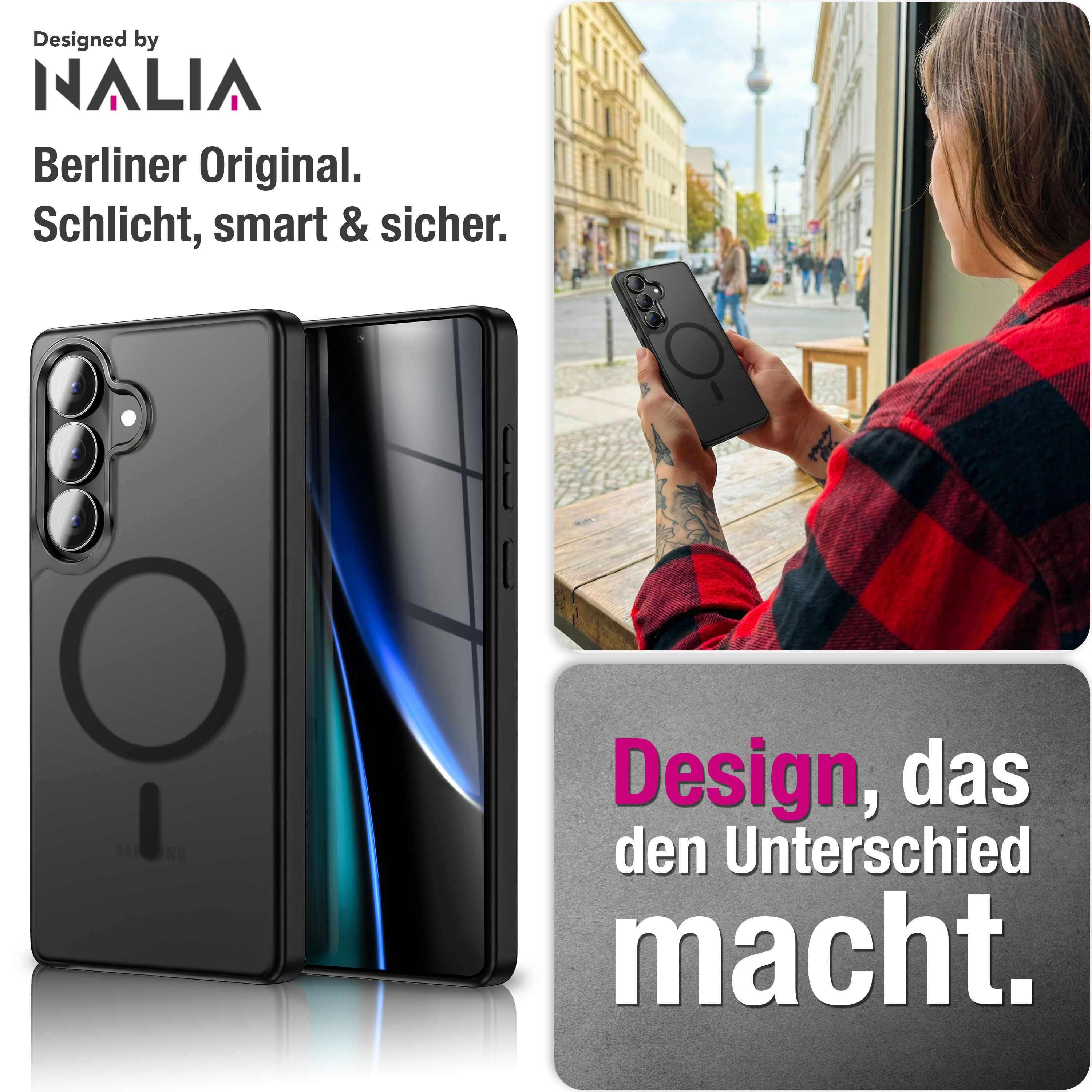Schwarze Handyhülle von Nalia, mit Telefon in Berlin und Text 'Design, das Unterschied macht.'